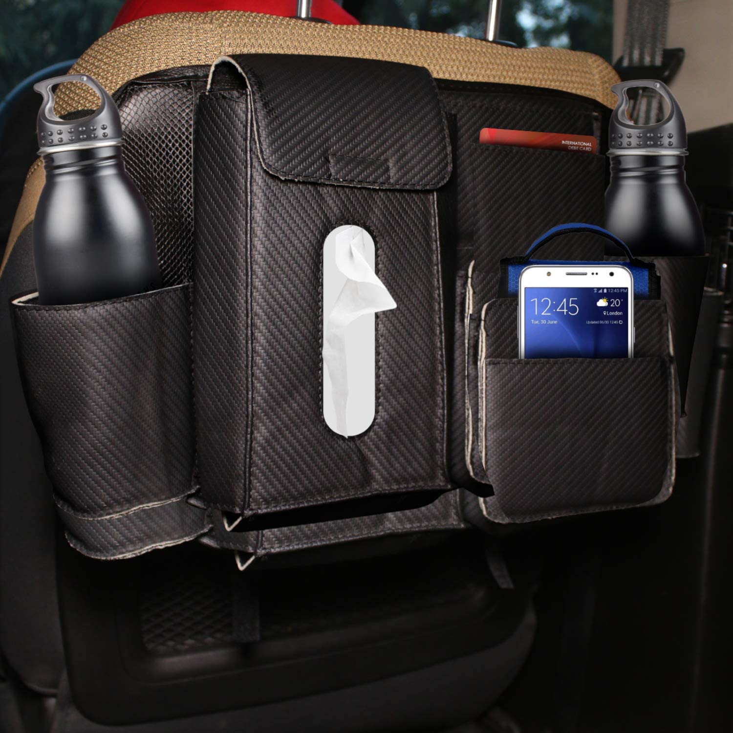 Allextreme EXCSB2 Universal PU Leather Auto Car Seat Back Storage Deluxe Organizer Bag with Tissue Holder, Mobile & Bottle Drink
