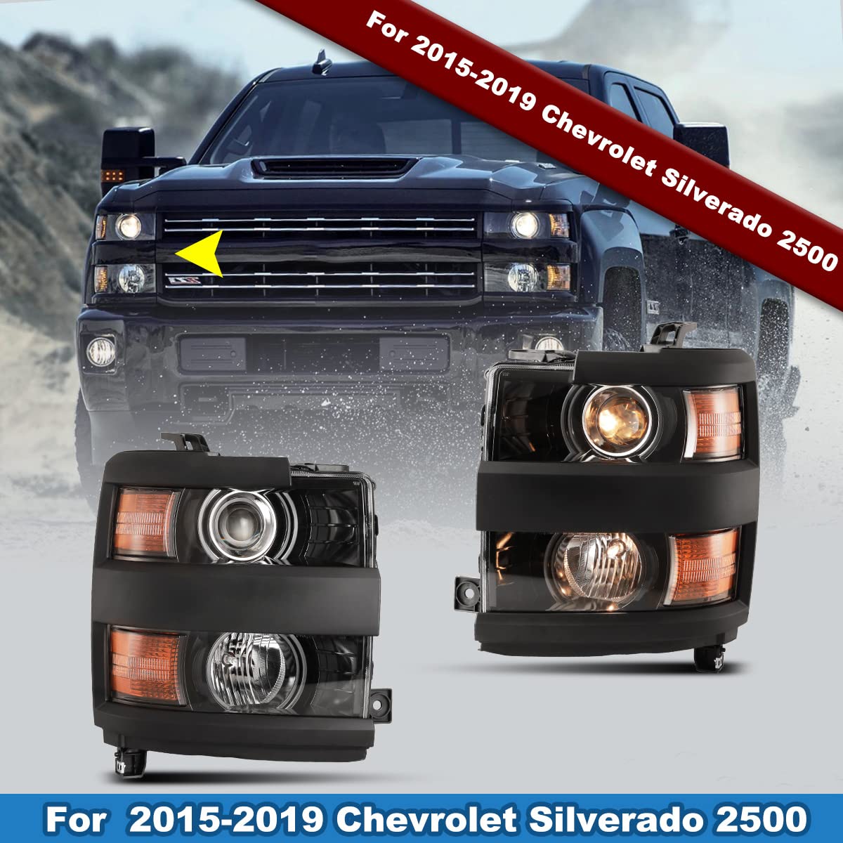 ROXX Headlight Assembly Fit for 2015-2019 Chevy Silverado 2500&3500, Low/High Beam Headlight Replacement for 2015-2019 Chevy Sil