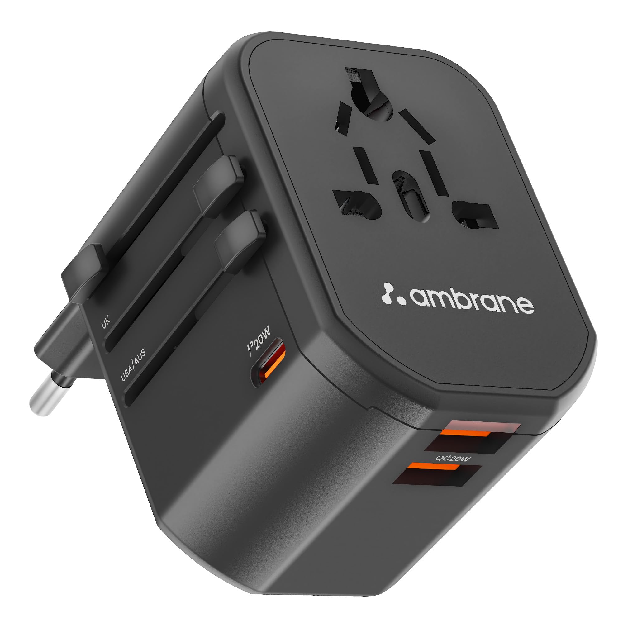 Ambrane Universal Travel Adapter, 4 in 1 Fast Charging; 1 Type C (20W), 2 USB (20W) & 1 AC Socket (880W) with 3 Removable pins f