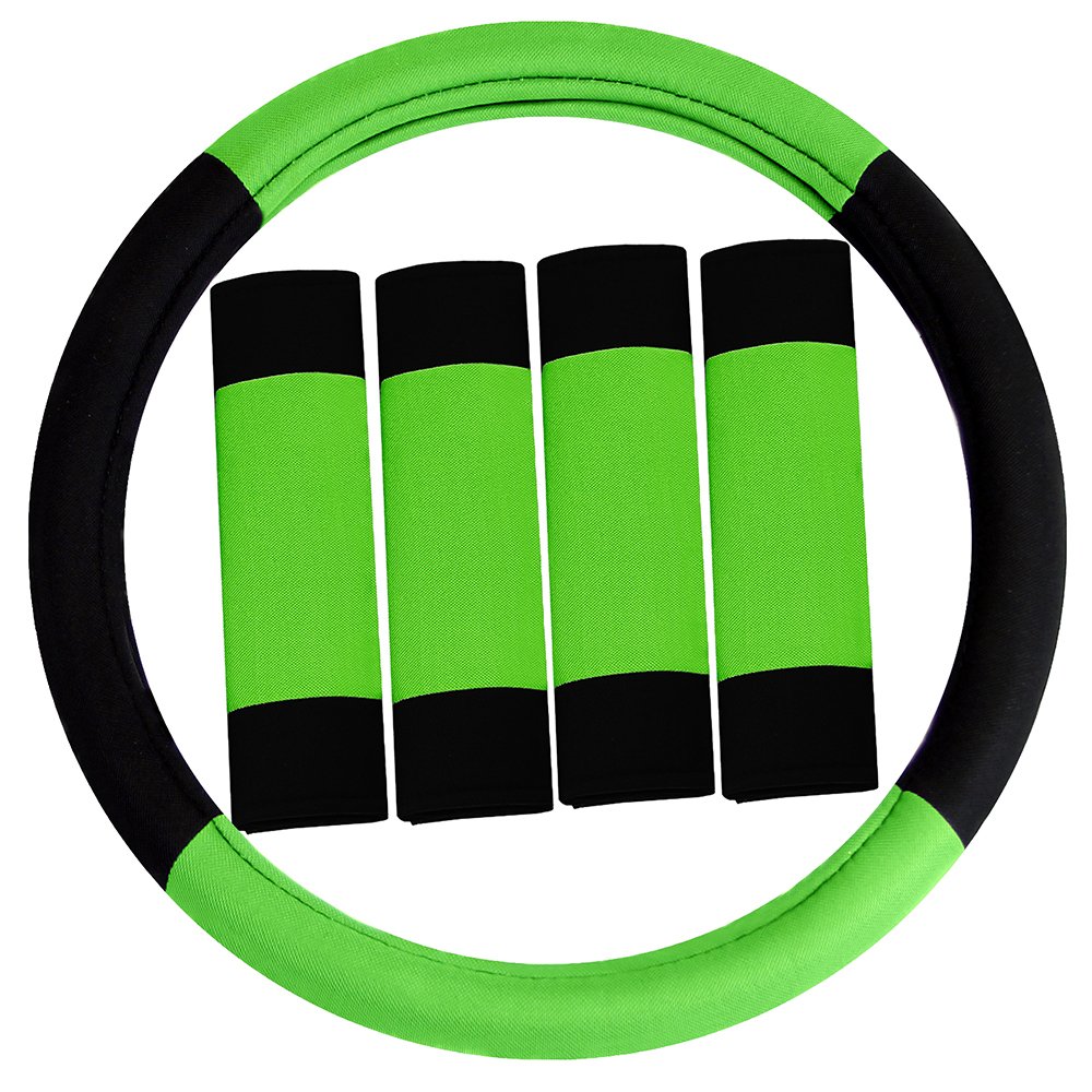 Fh Group Universal Fit Modernistic And Seat Belt Pads Combo Set Steering Wheel Cover Fits Most Cars, Suvs Green