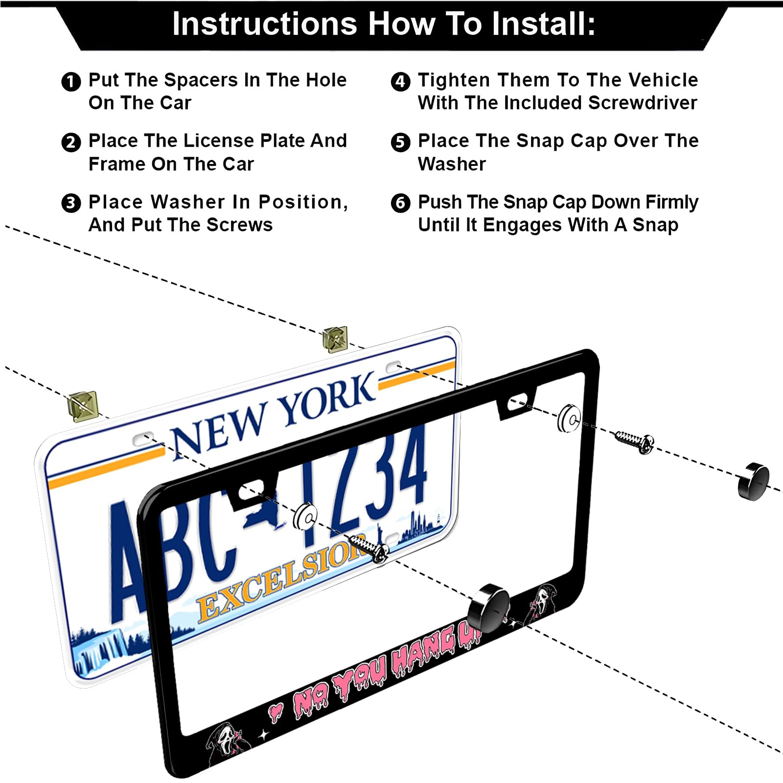 Scream Ghost Funny Hilarious Skull Face No You Hang Up License Plate Frames, 2 Pack Car Plate Frame, Stainless Steel License Pla