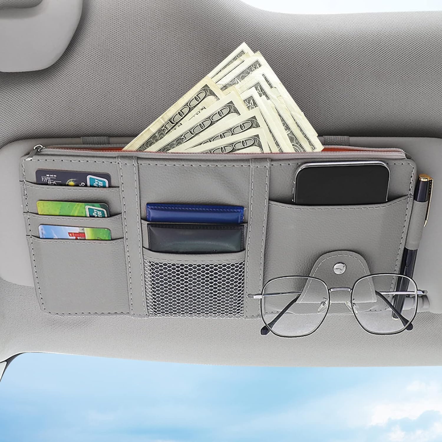 Foscadit PU Leather MultiFunction Car Space Sun Visor Organizer Hanging Phone Storage Pouch Holder, Car Accessories Organizer, 