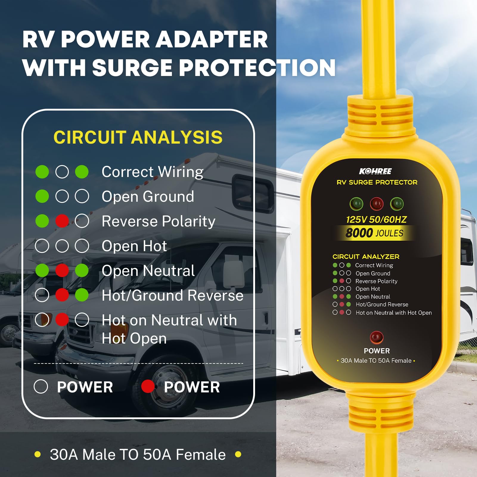 Kohree 30 Amp To 50 Amp Rv Adapter With Surge Protection, 8000 Joules Rv Surge Protector 30/50 Amp, Circuit Analyzer For Camper