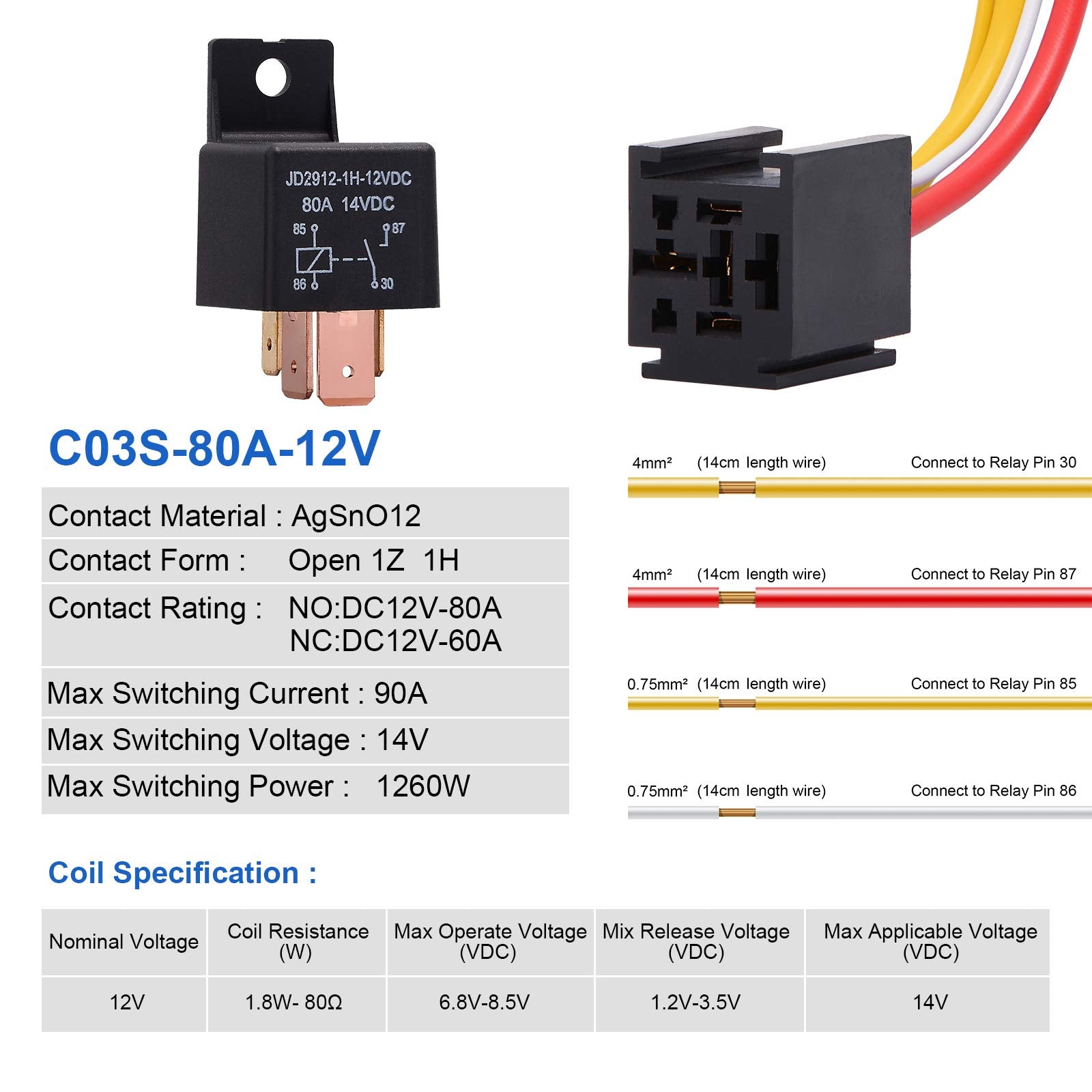 Ehdis 4-Pin Relay With Harness Car Truck Motor Heavy Duty 80A 12V On/Off Normally Open Spst Relay Socket Plug 4 Wire Automotive Relay Model Jd2912-1H-12Vdc 80A 14Vdc,Pack Of 2