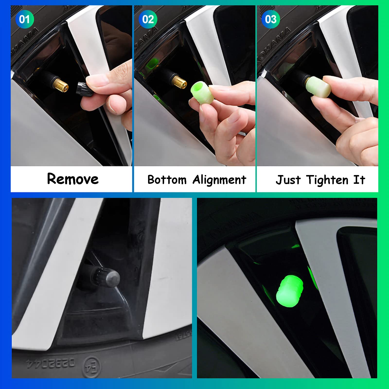 QIZATAH 20 PCS Fluorescent Tire Valve Stem Caps - Glow in The Dark Wheel Air Valve Covers for Universal Vehicles - Luminous Car