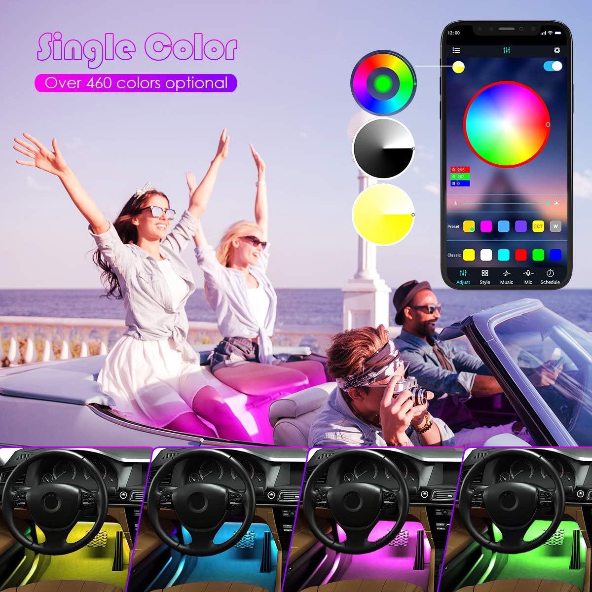 Yilaie Car Lights Interior, Rgb Car Strip Light Under Dash Lighting Kit With App Control And Music Sync, Multicolor Neon Interio