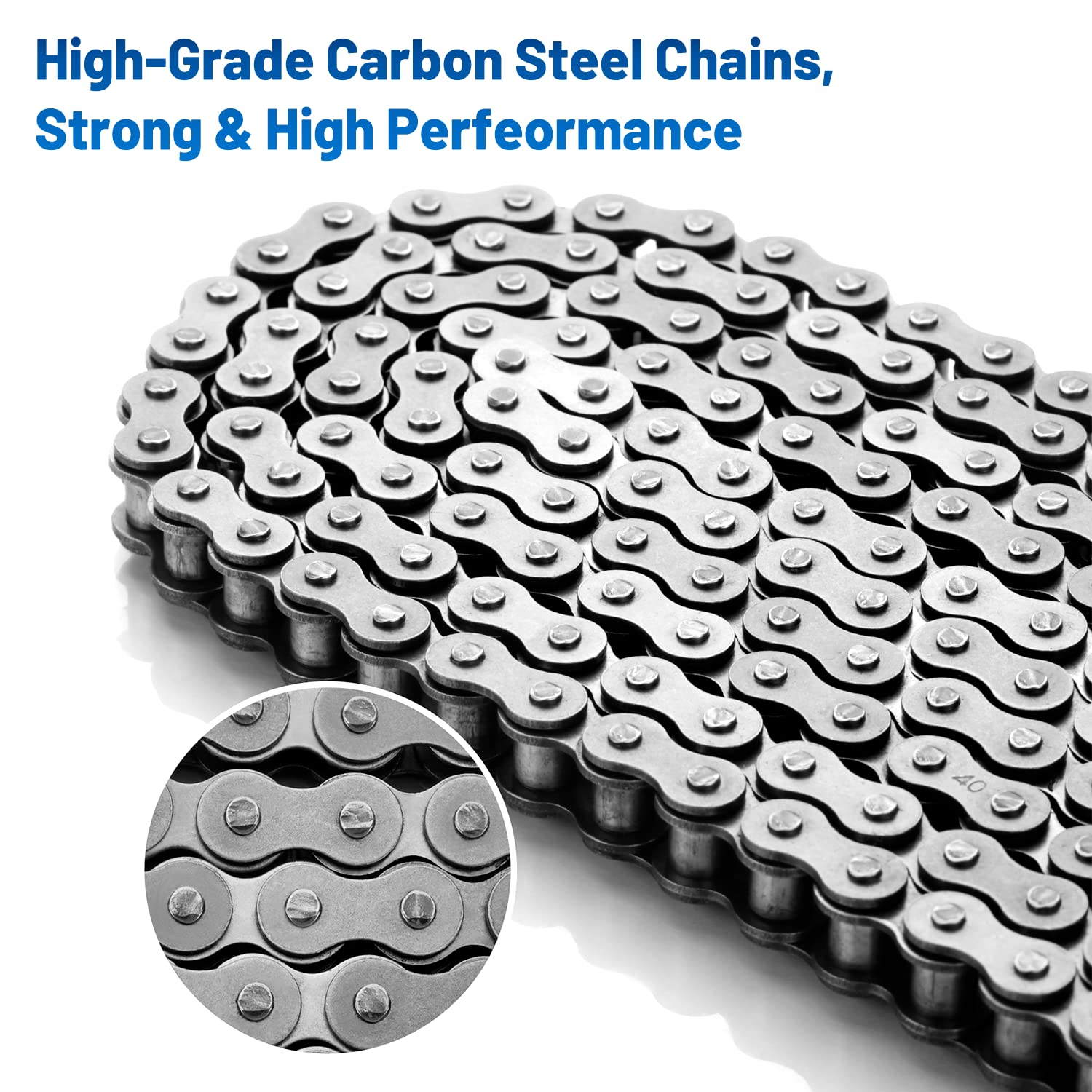 Belleone #40 Roller Chain - 10 Feet Carbon Steel Chain with 5 Connecting Links for Go Karts, Mini Bikes, ATVs, and More