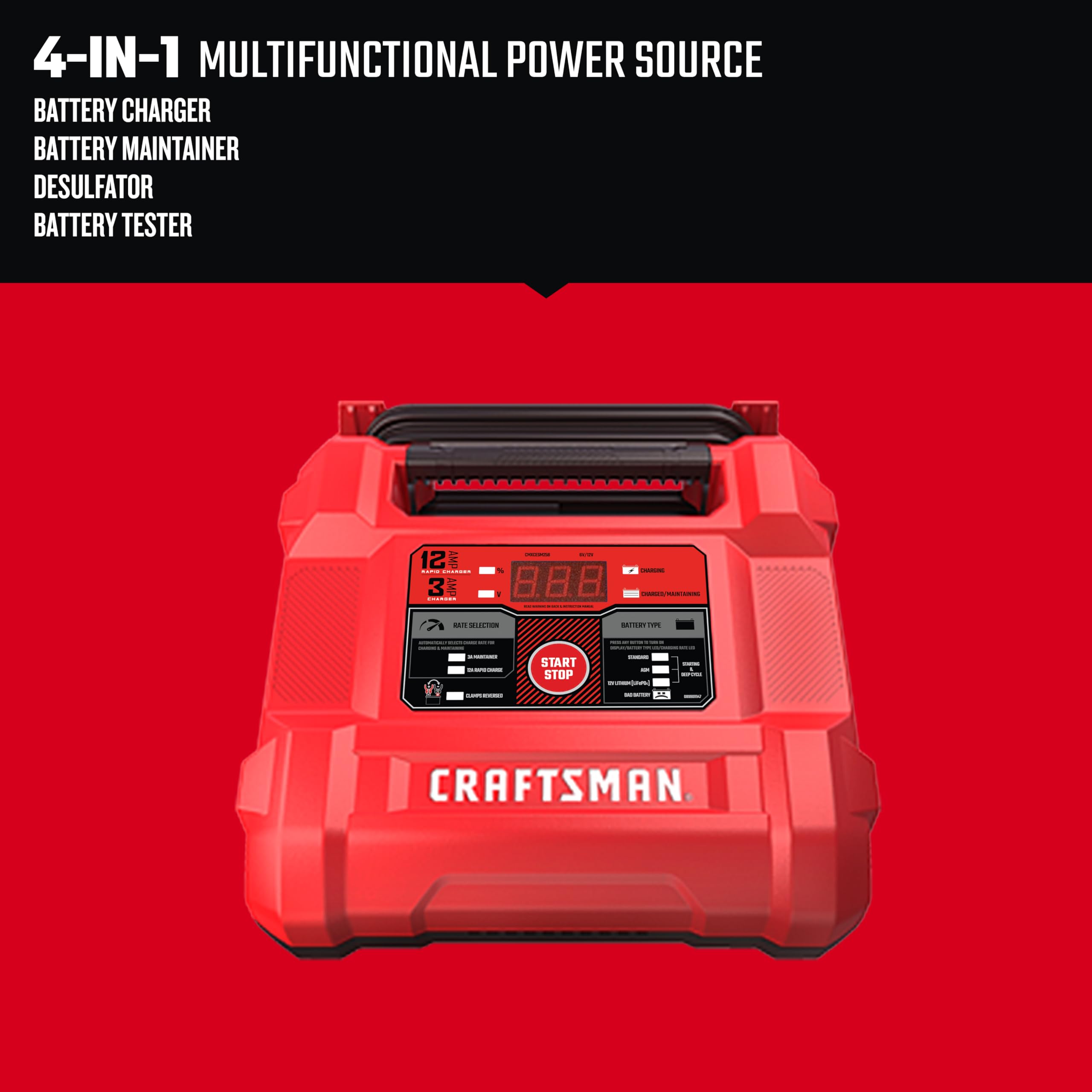 CRAFTSMAN 12A Car Battery Charger & Maintainer, 4-in-1 Solution for 6V/12V Batteries, Model CMXCESM258, Red
