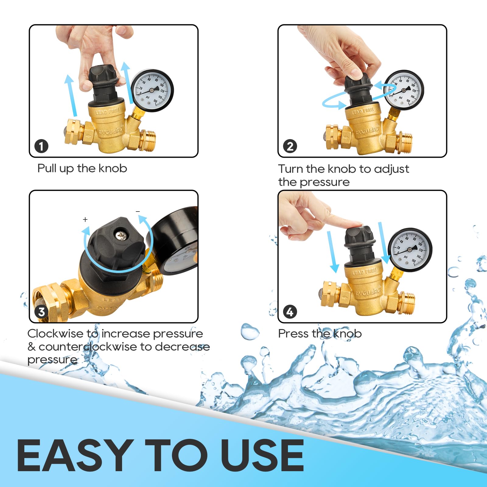 RVGUARD RV Water Pressure Regulator Valve, Adjustable Brass Reducer with Gauge & Inlet Screen Filter, Model RGWPR-H