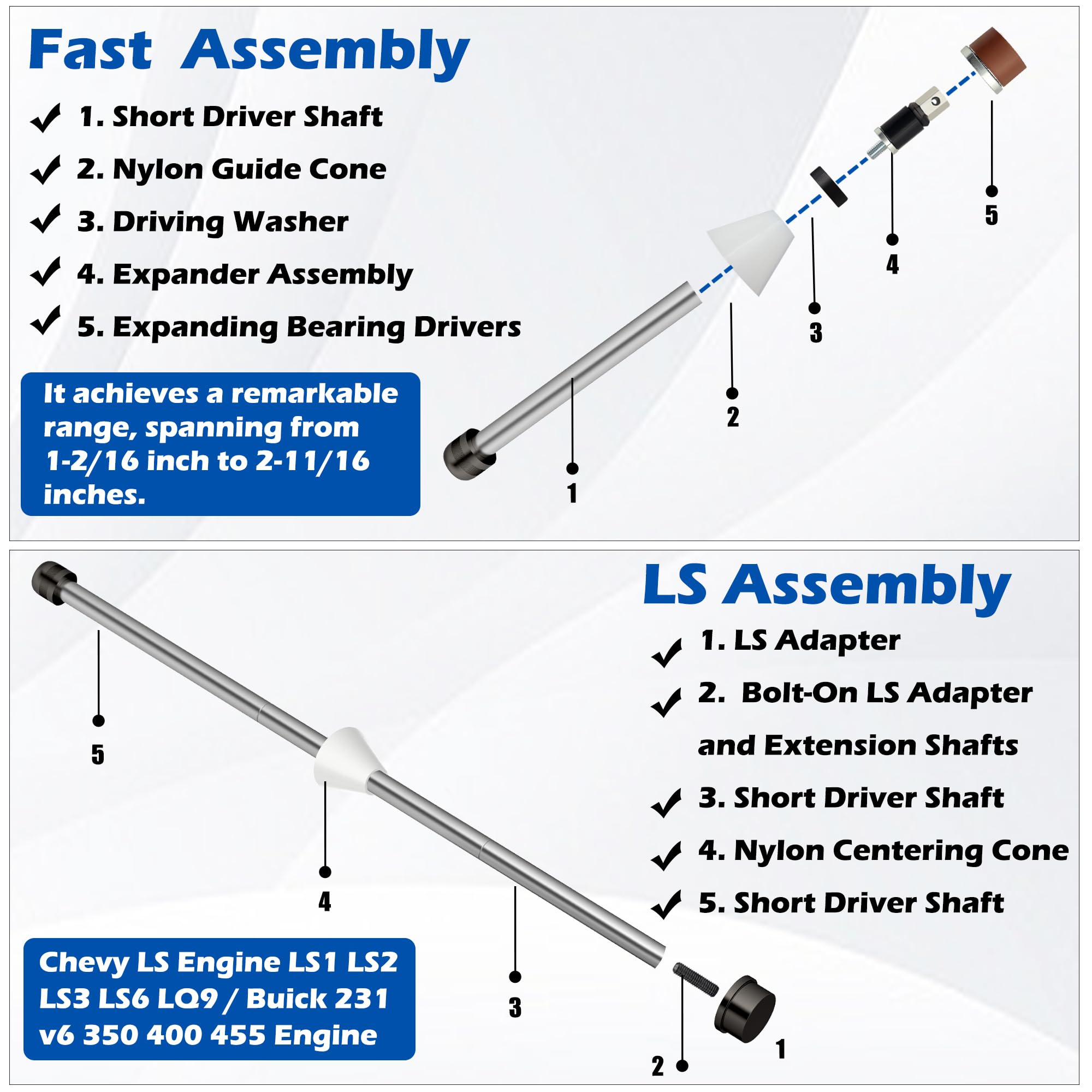 Easchwork Cam Bearing Install Tool Kit for Chevy LS Engine - Universal Compatibility, Carbon Steel, Model E230215