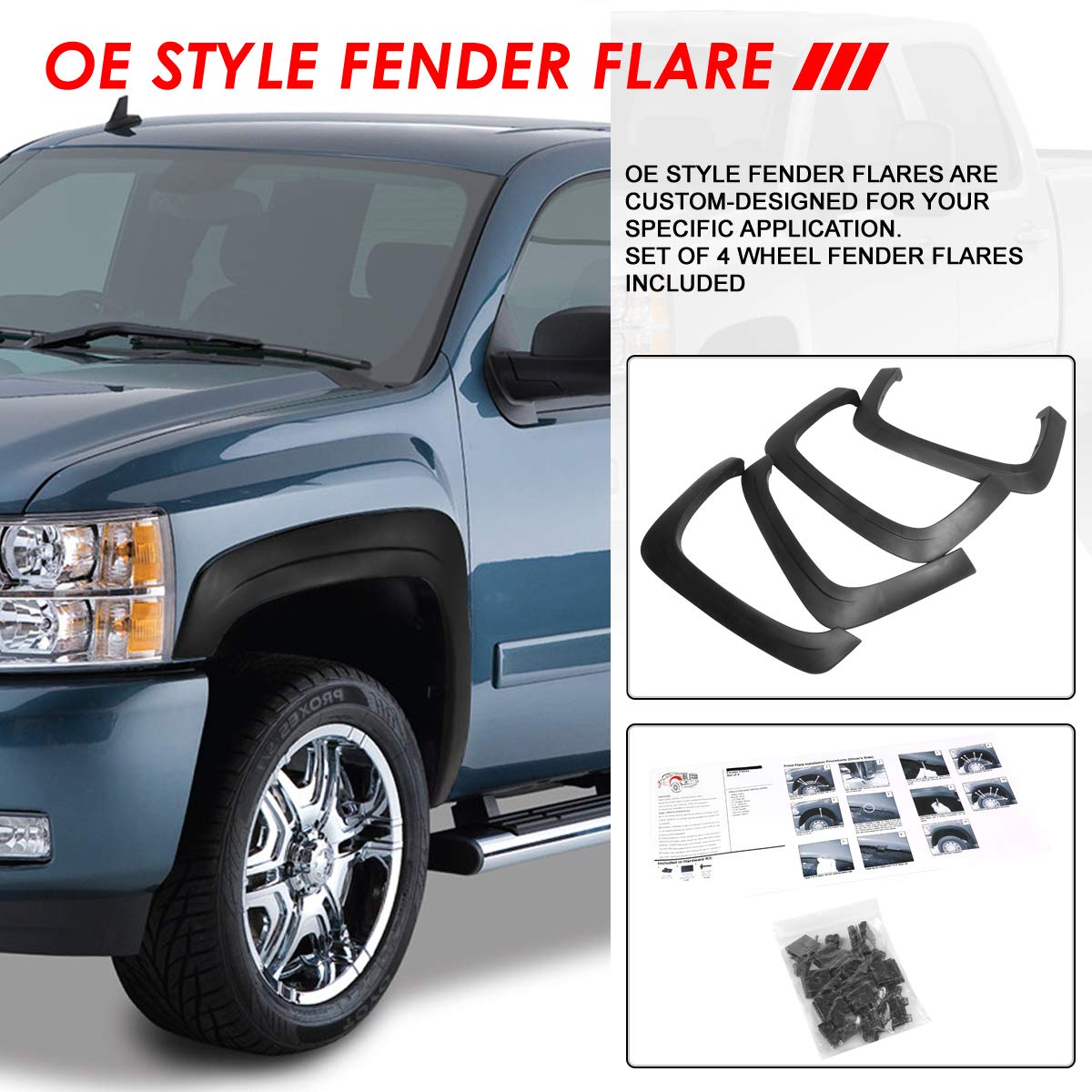 Auto Dynasty Fender Flares Compatible With 2007-2014 Chevy Silverado 1500 2500HD 3500HD, 6.5 & 8.1Ft Fleetside Models, Wheel Fla