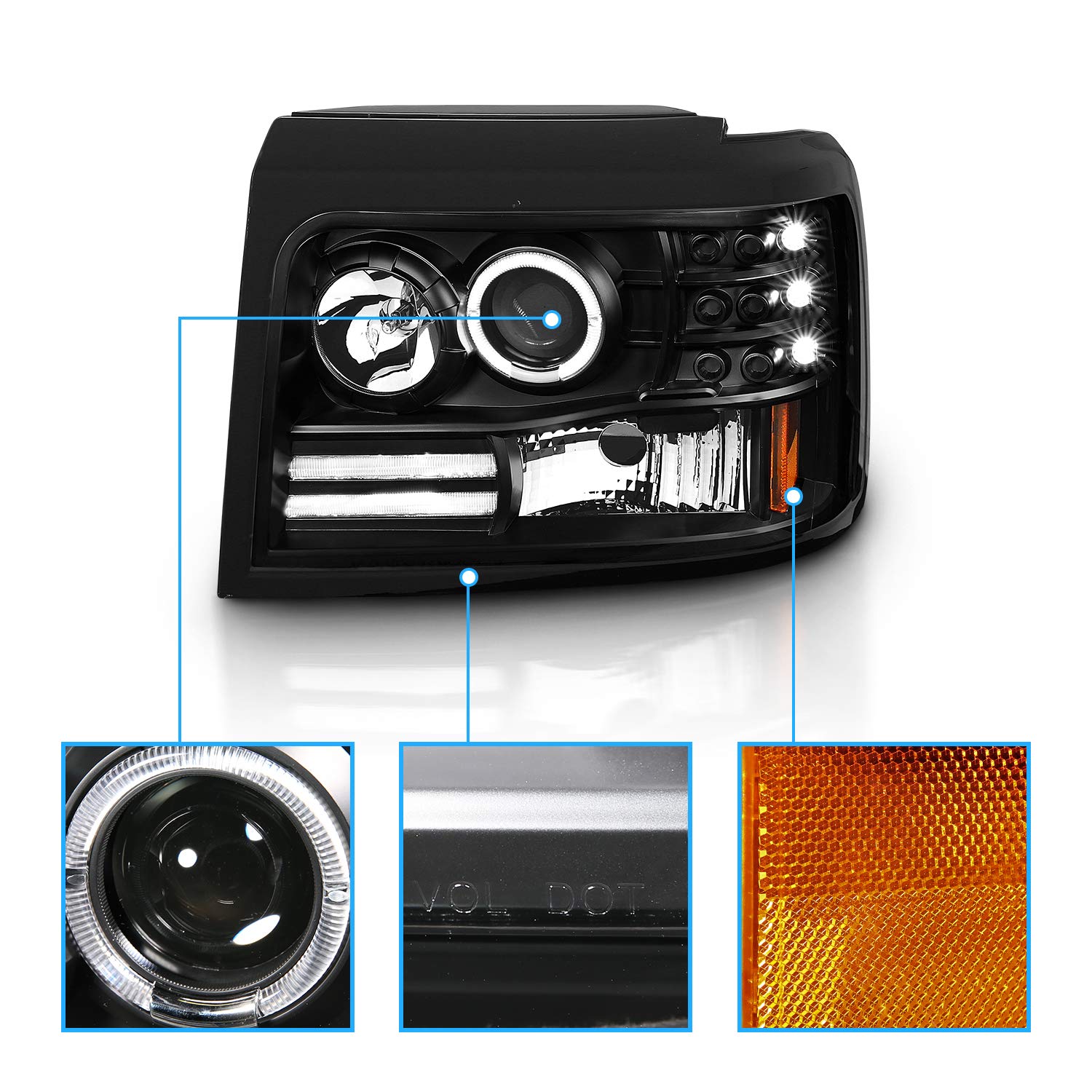 AmeriLite LED Halo Bar Projector Headlights Set for Ford F-150/F250/F350/Bronco - Black, Left & Right Side Vehicle Light Assembly