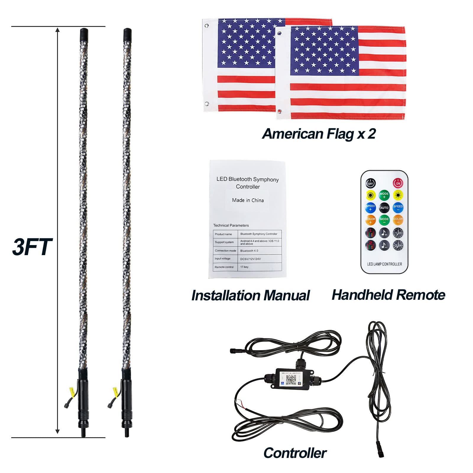 2PCS 3FT LED Whip Lights,RF Wireless Remote,500 Kinds Patterns 600 Kinds of Color Combinations,RGR Chasing Lighted Antenna Whips