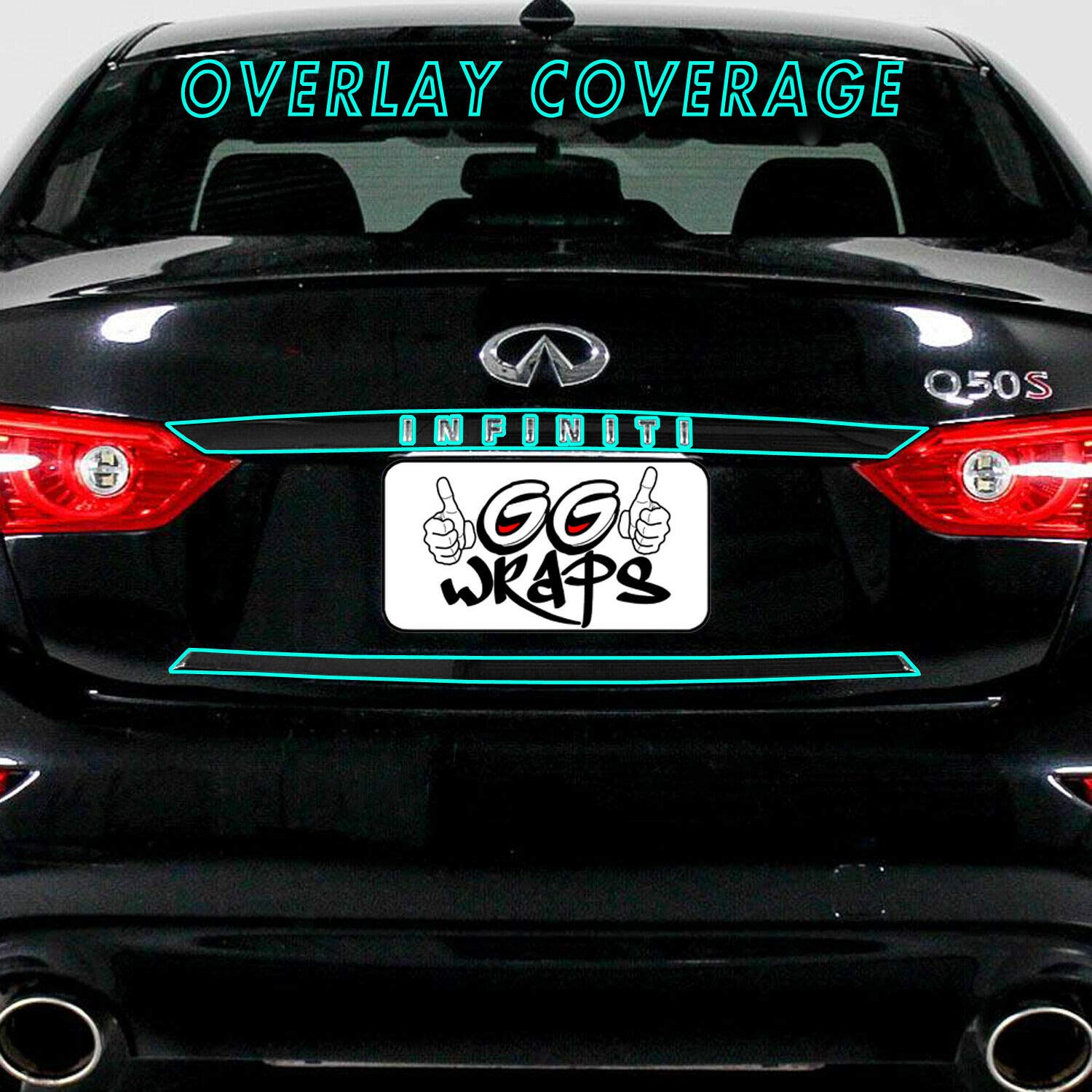 SlickMod Chrome Delete Vinyl Overlay for Infiniti Q50/Q50S Rear Trunk Trim, Gloss Black, Model INF-Q50-1417-RGT