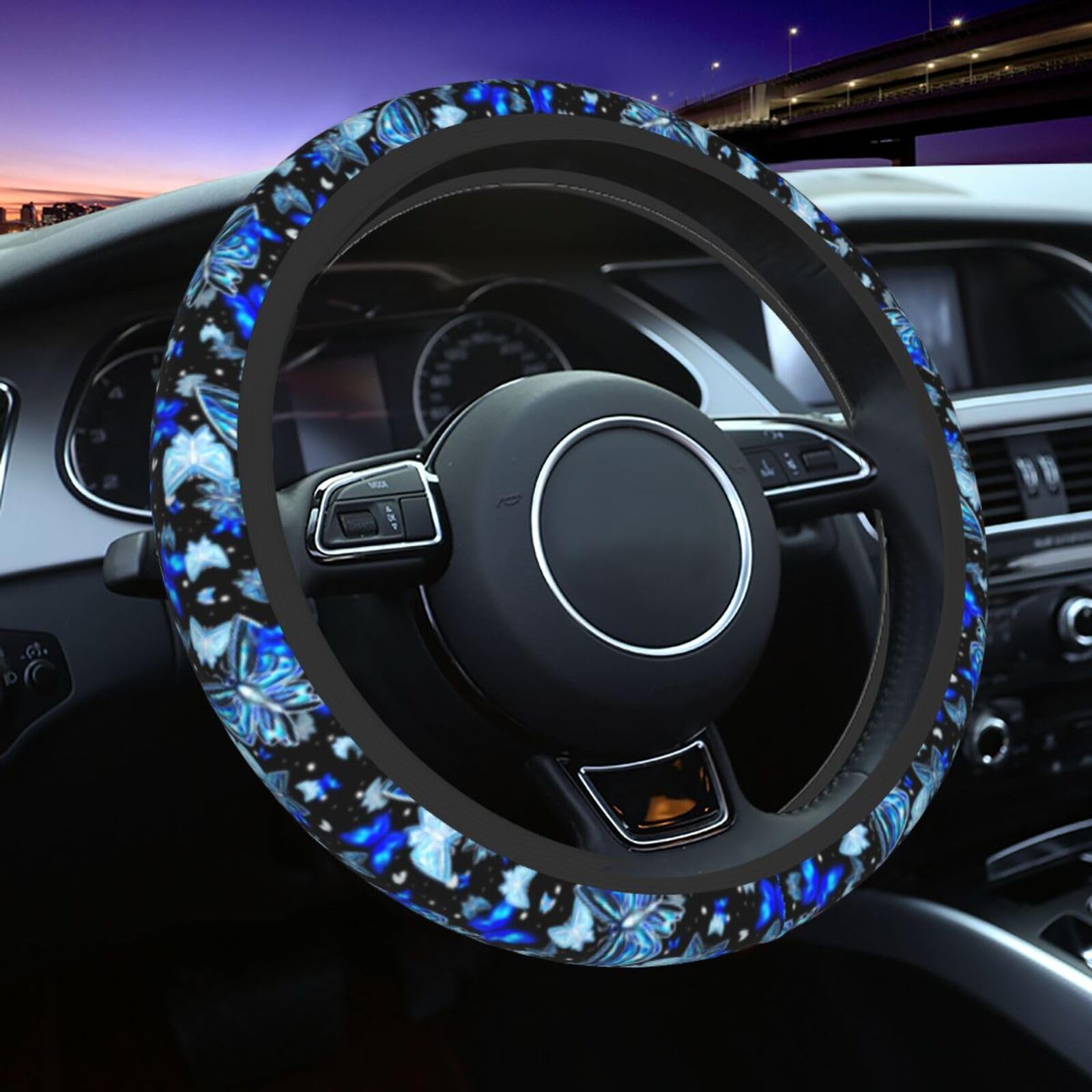 Blue Butterfly Steering Wheel Cover Universal 14.5-15 Inch Car Wheel Protector Anti-Slip Car Steering Wheel Accessories For Women Girls