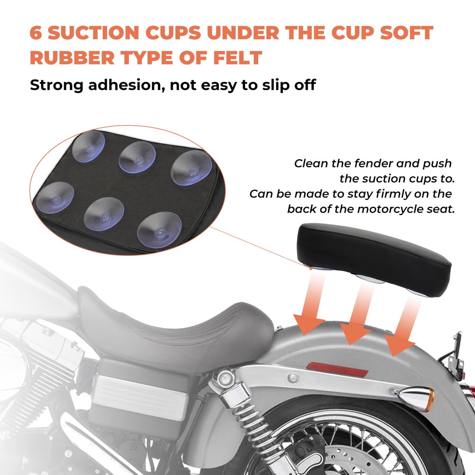 Alpha Rider Motorcycle Pillion Passenger Pad Seat - Black Faux Leather, 6 Suction Cups for Harley Custom Chopper