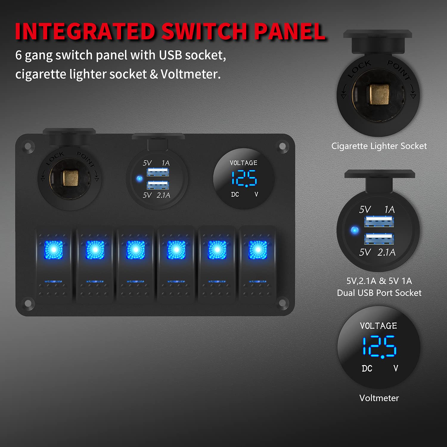DAIERTEK 6 Gang Marine Rocker Switch Panel, Waterproof 12V with Blue LED, USB, Cigarette Lighter, Voltmeter - Boat/Car/RV/UTV