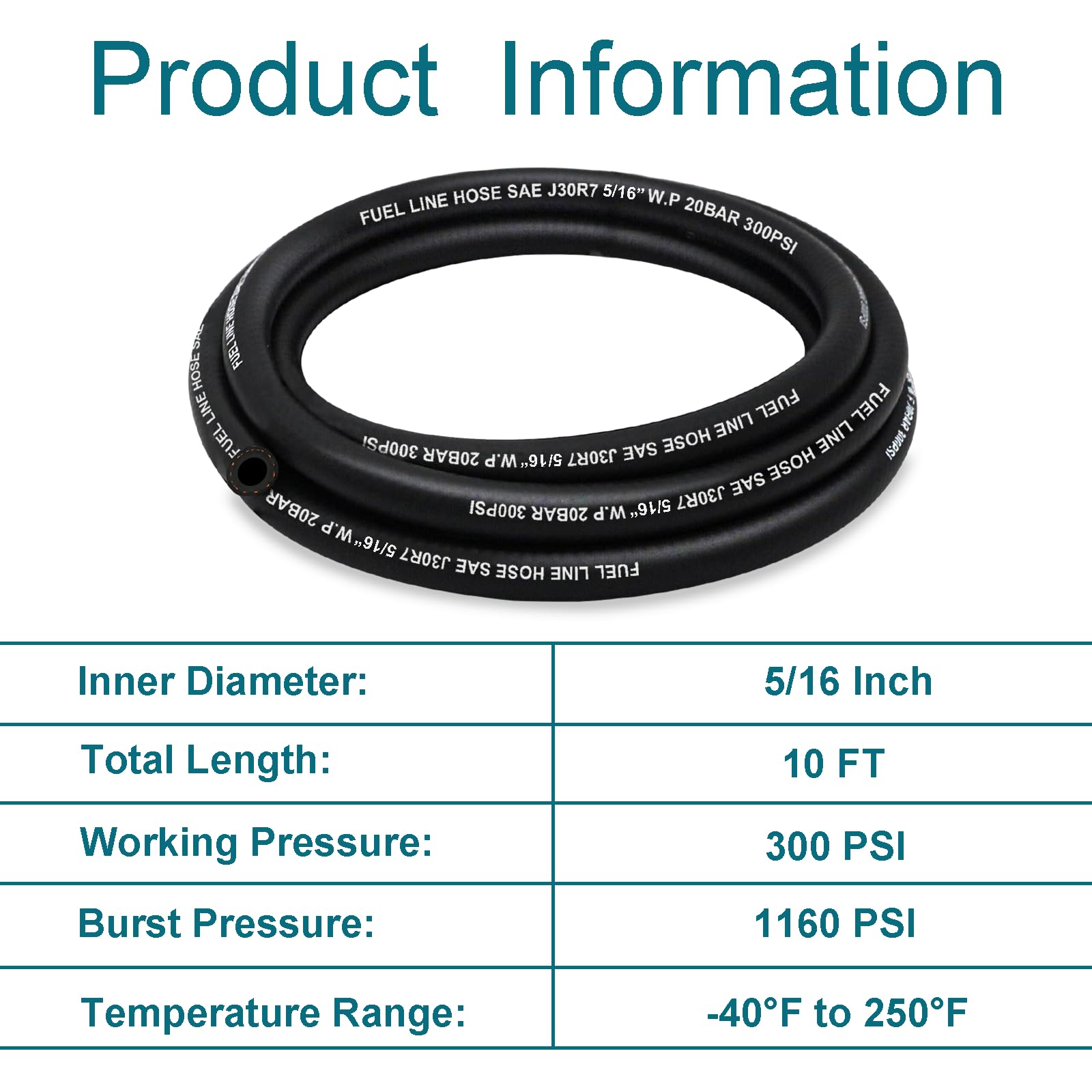 Housun Fuel Line 5/16 Inch Id, Fuel Hose 10Ft, J30R7 Fuel Line Hose Nbr With 10 Clamps.