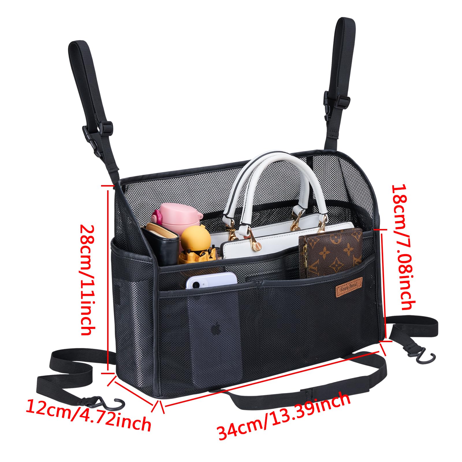 WLLWOO Car Net Pocket Handbag Holder - Between Seats Organizer, Polyethylene/Polyurethane, Front Seat Storage, Net Color