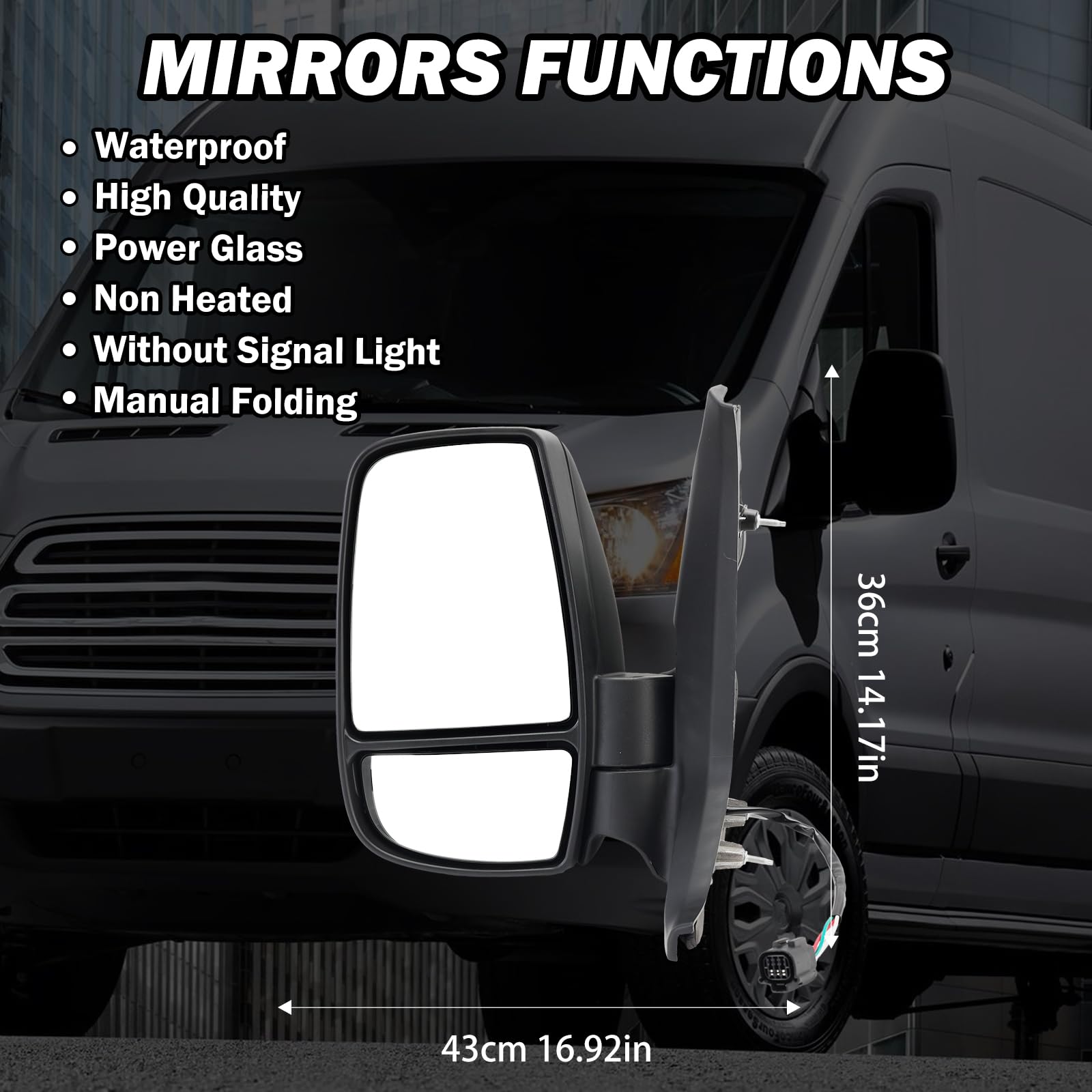 MOFOAP Driver Side Mirror Assembly for 2015-2025 Ford Transit, Towing Power Glass, Black, Short Arm, 3 Pins Without Indicator