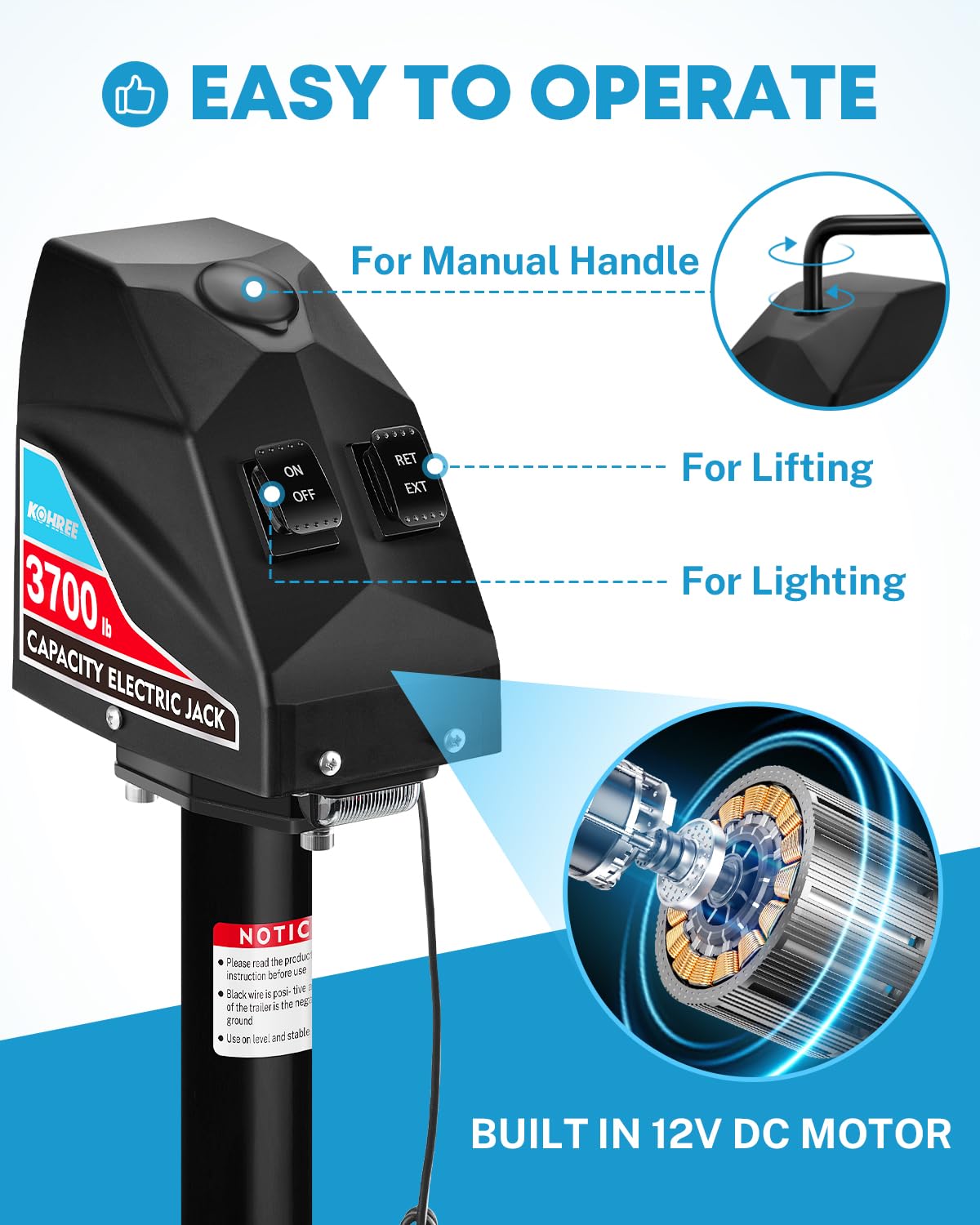 Kohree Electric Trailer Jack 3700lbs, Heavy Duty A-Frame Tongue Jack, 12V DC, Black, with Manual Crank & Weatherproof Cover