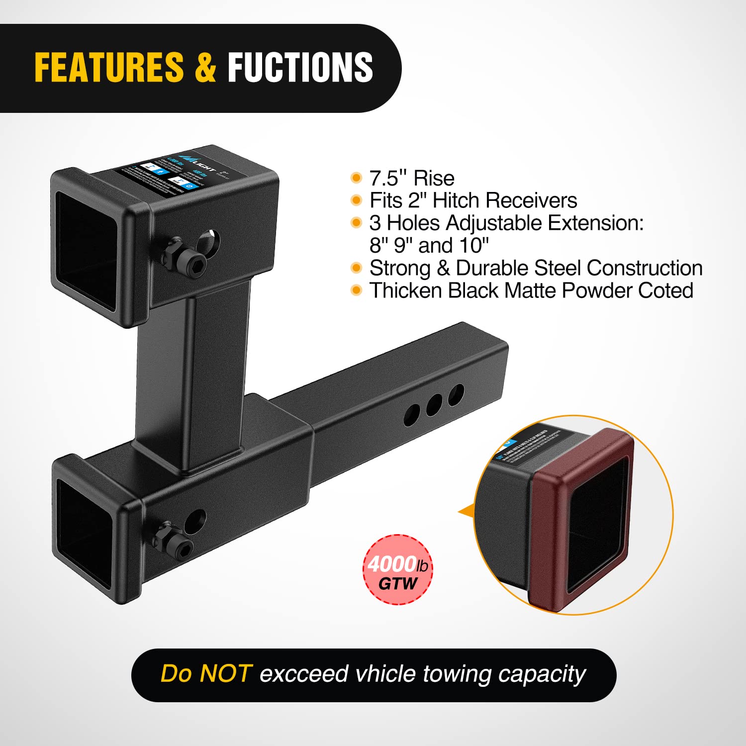 Nilight Dual Hitch Extender 2" Receiver, 10" Max Length, Alloy Steel, Model 92110B, 4,000 lbs GTW