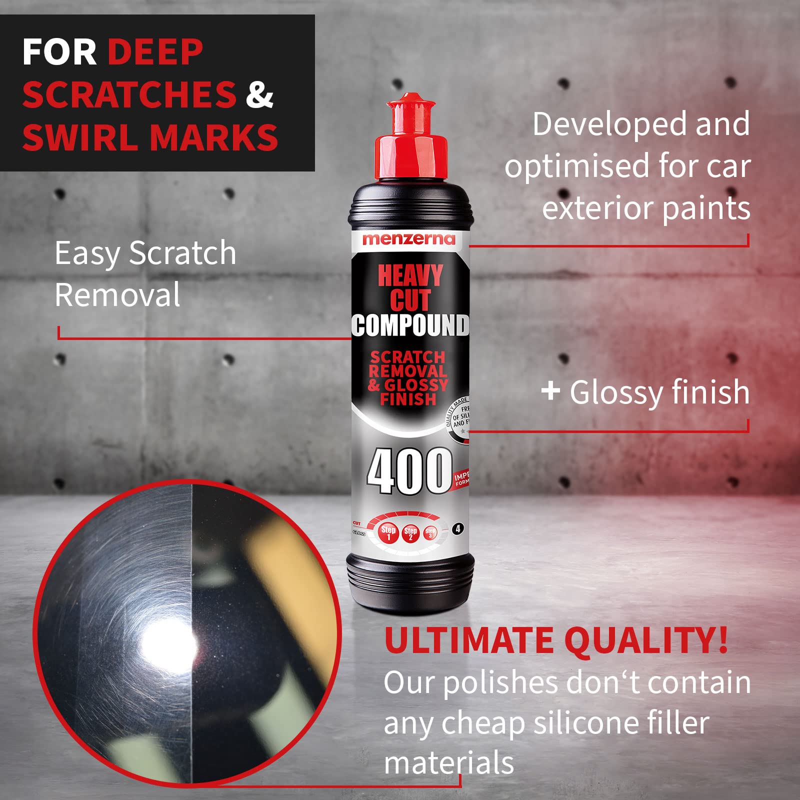 Menzerna Heavy Cut 400 250Ml (8Oz) Formerly Fast Gloss 400 - An Innovative Automotive Polish That Removes Scratches And Creates Gloss In A Single Step (8 Fl Oz)