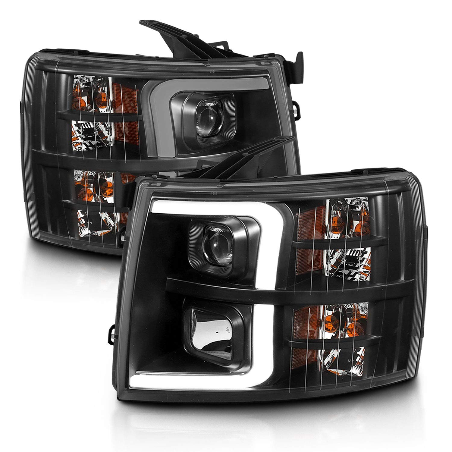 AmeriLite Quad Projector LED Halogen Headlights for 2007-2013 Chevy Silverado 1500/07-14 2500HD 3500HD - Black, Driver & Passenger