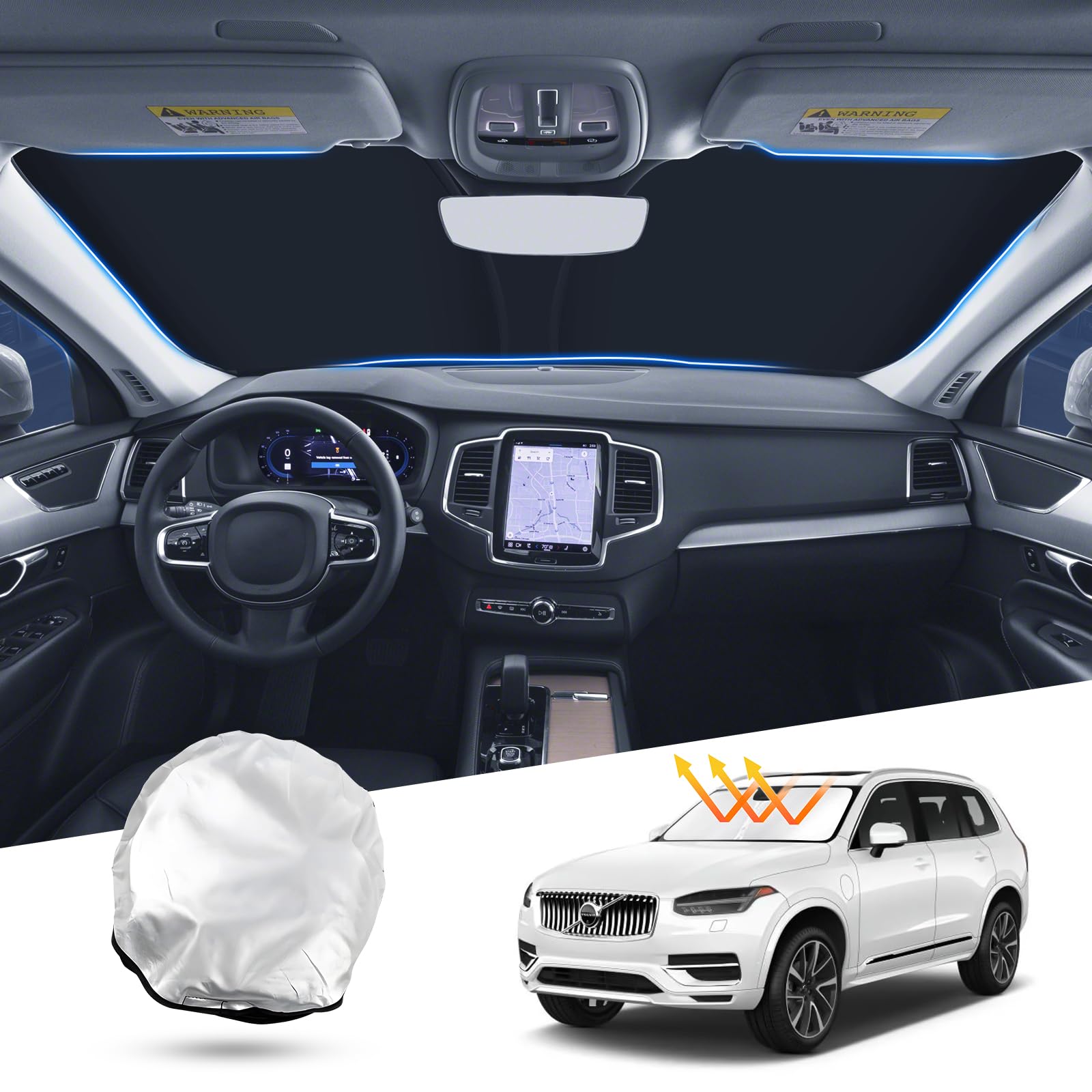 T Tgbros Compatible With 2015-2024 2025 Volvo Xc90 Windshield Sun Shade Accessories Foldable Sun Shield Reflective Polyester Sun
