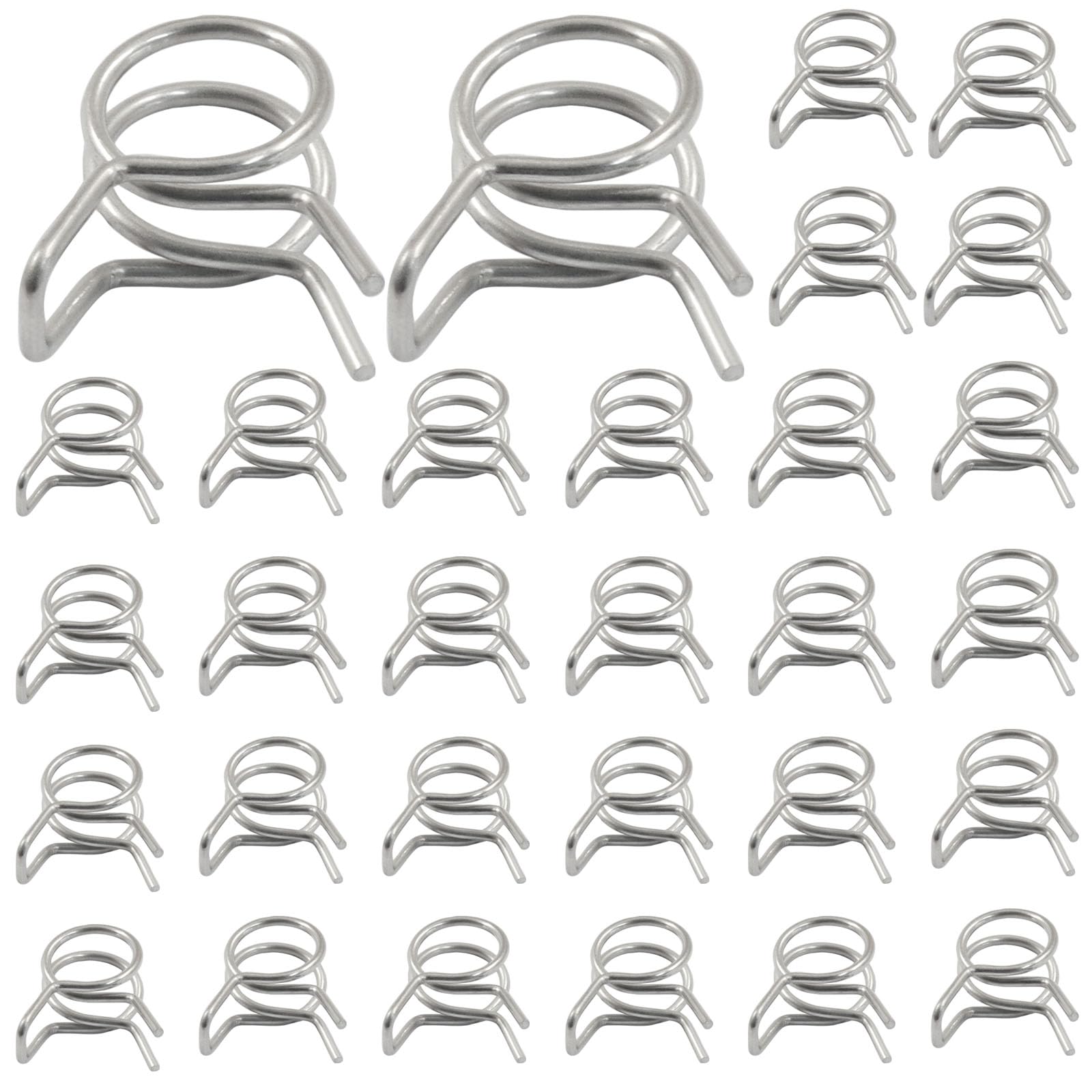 BokWin 30 Pack 8mm Inner Dia Double Wire Spring Hose Clamp, Adjustable Spring Clips, Stainless Steel for Hose, Fuel Line, Water 