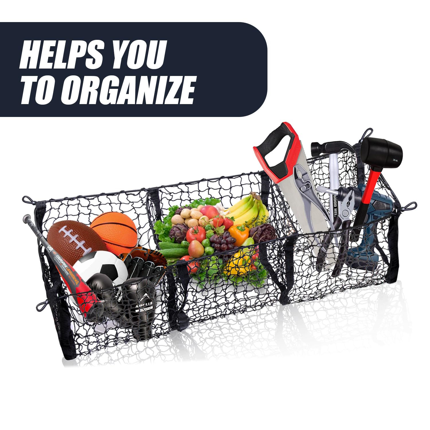 Zone Tech Three Pocket Mesh Trunk Cargo Net Storage Organizer- Premium Quality Black Heavy Duty Black Mesh 3 Pocket Trunk Cargo
