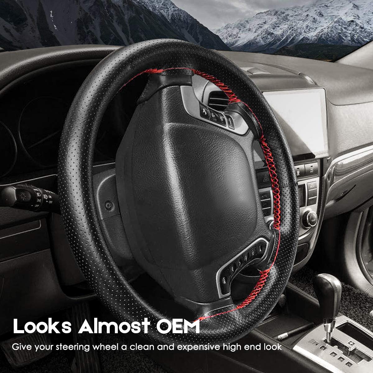 Belinous Universal Leather Car Steering Wheel Cover, Stitch On Wrap (Size M4, Black And Red)