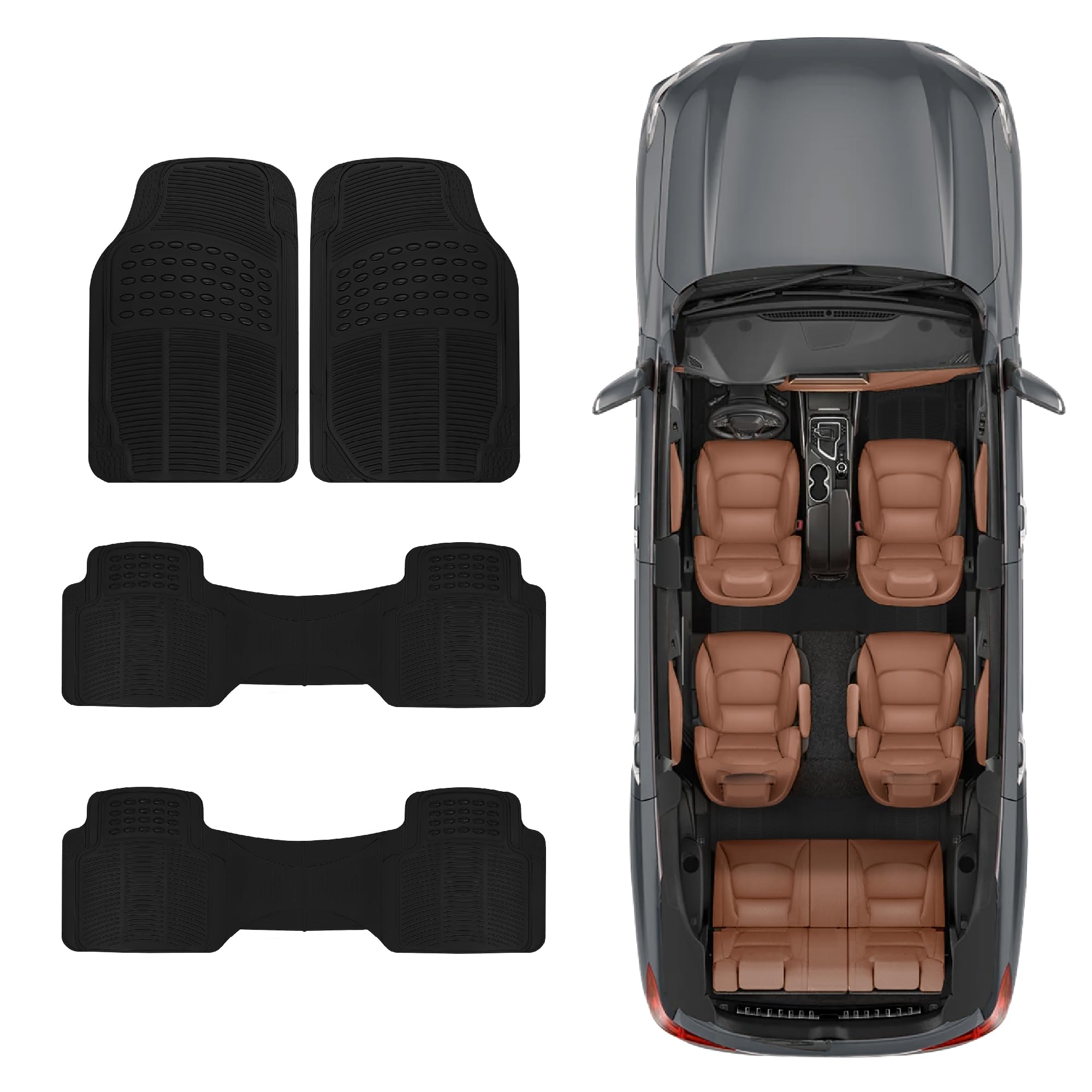 BDK 3-Row ProLiner Original Heavy Duty 4pc Front & Rear Rubber Floor Mats for Car SUV Van (Fits 3rd Row Vehicles) - All Weather