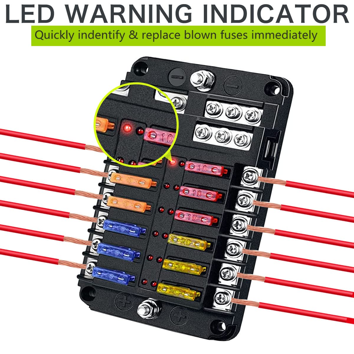 12 Volt Fuse Block, Marine Boat Fuse Block Waterproof 12 Way Automotive Fuse Box with 12 Ground Negative Busbar [100 Amp Max] [L
