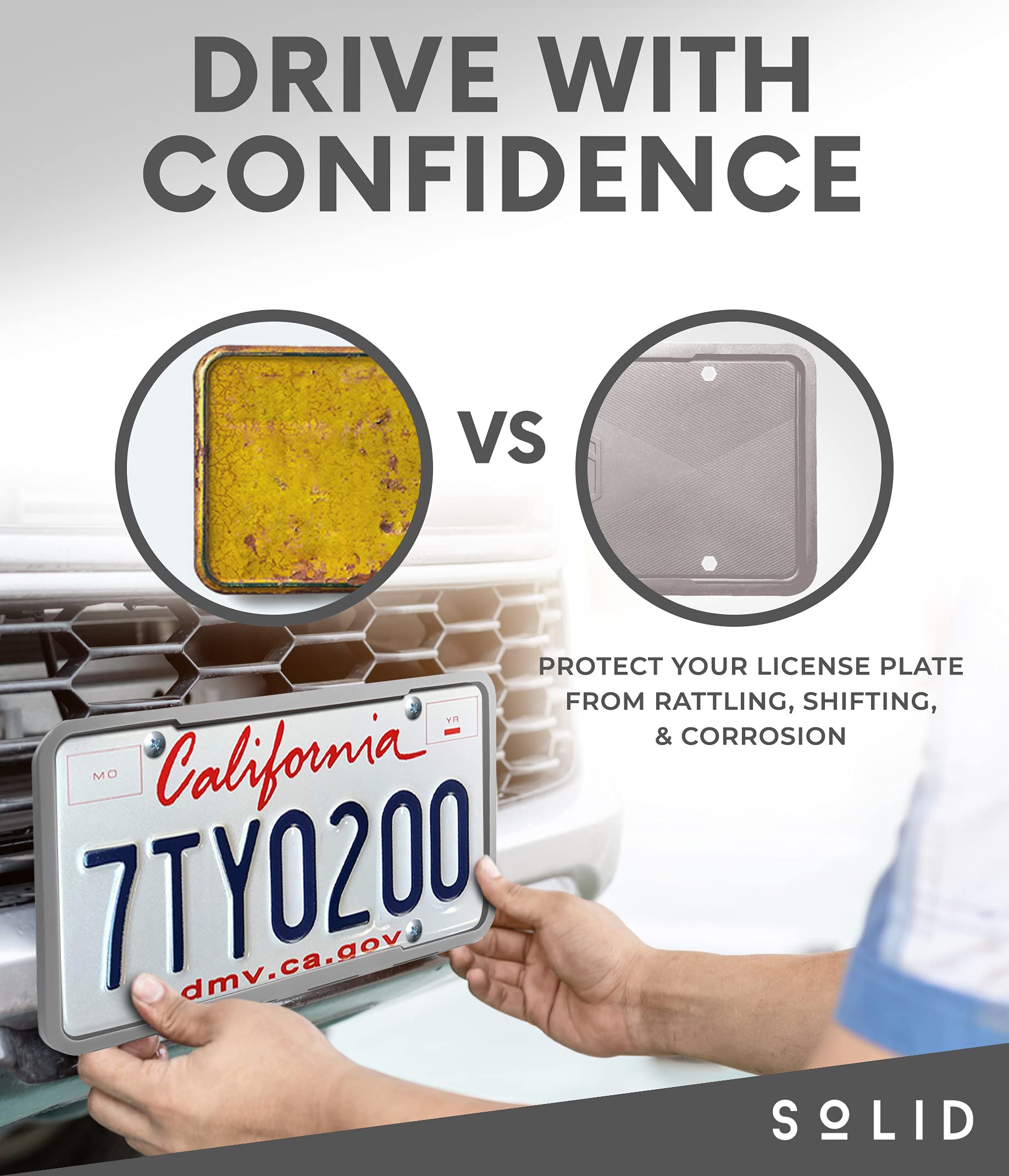 Solid Silicone License Plate Frame Covers 2 Pack - Rust-Proof, Weather-Proof, Grey, Model 851290007527