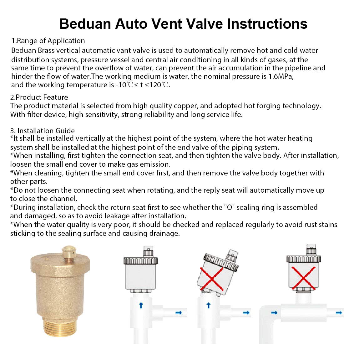 Beduan Brass 10500-Ve Automatic Float Valve, 1/2'' Male Thread Air Release Valve Air Bleeder Valve Vent Valve