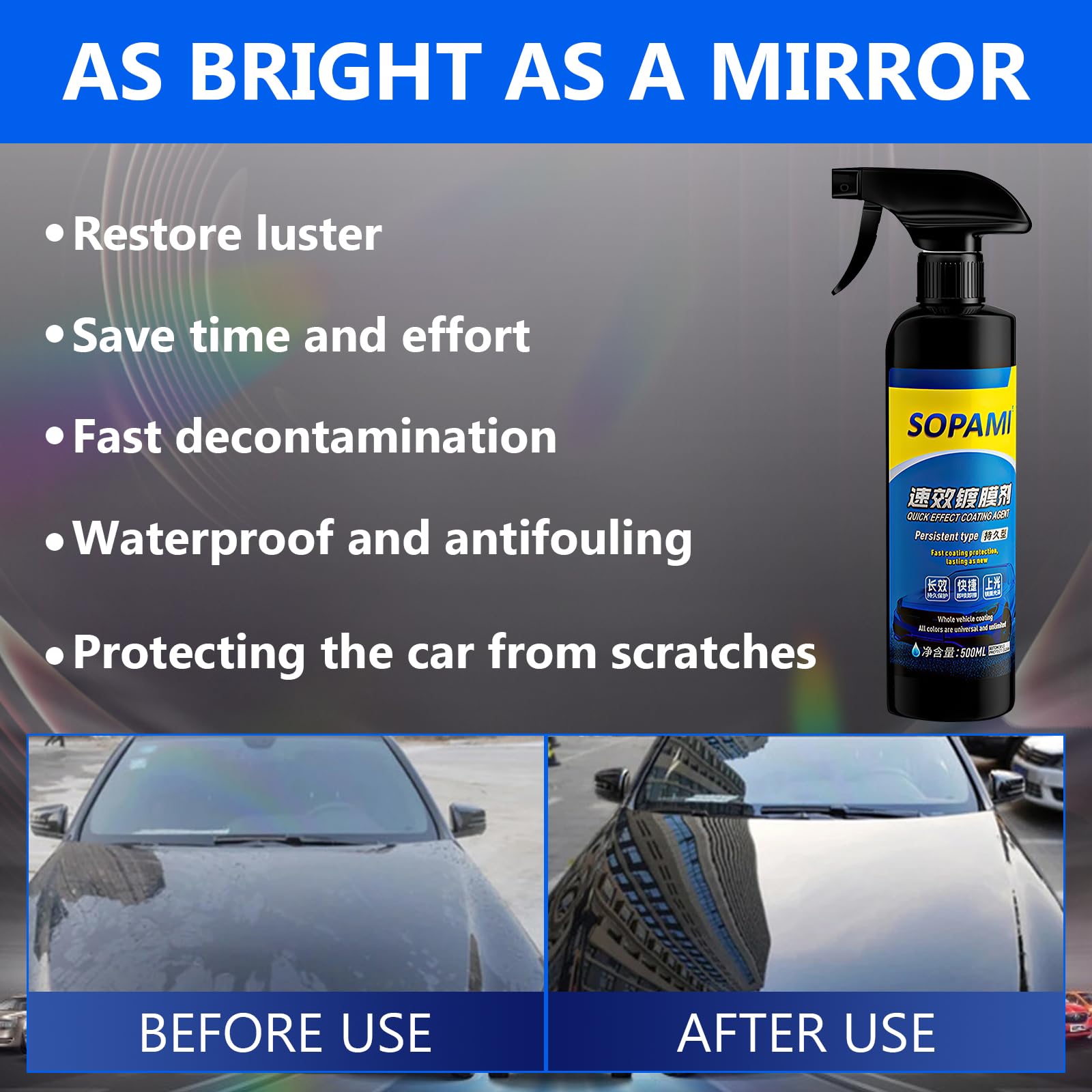 iaredon Sopami Car Coating Spray 17.6oz - Quick Effect Wax Polish, Includes Sponge & Cloth, Model BBSQCDM2