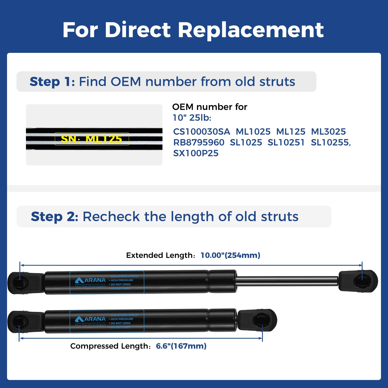 ARANA 10 '' Gas Shocks Struts Springs 25 Lb/112 N Lift Support Props C16-09322 for Truck Tool Box Lid Leer Pickup Weatherguard T
