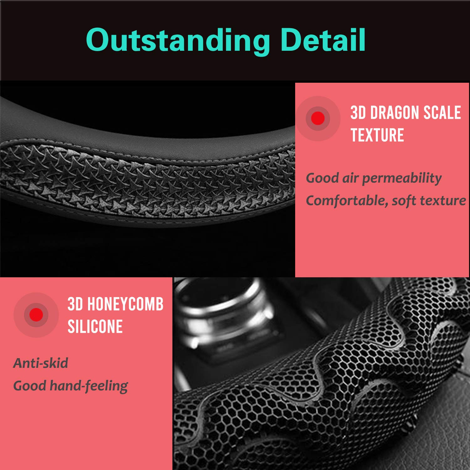 PINCTROT Large Steering Wheel Cover, 3D Honeycomb Anti-Slip, 15.5-15.75 Inch, Silicone, All Black, Model PSC210501