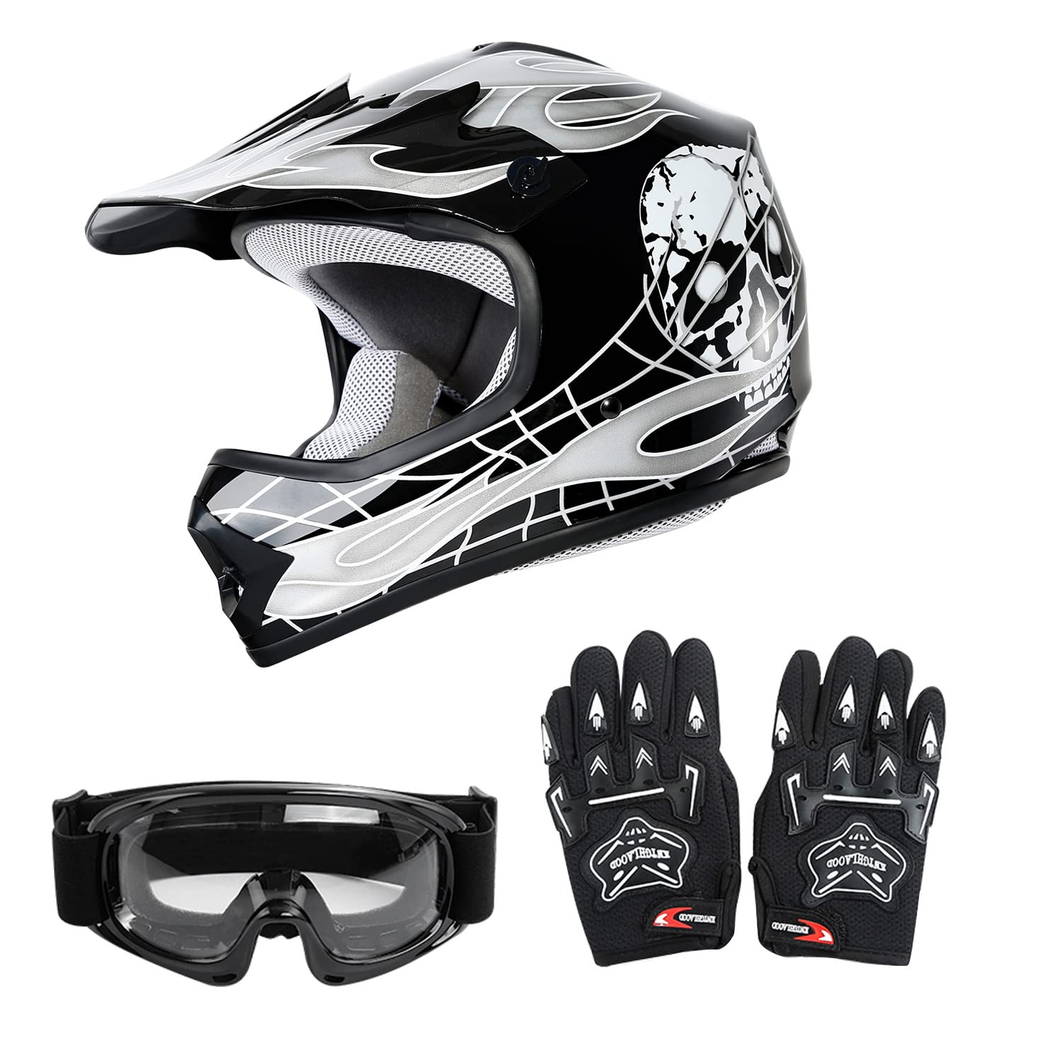 Slmoto Dot Youth Kids Helmet Motocross Offroad Street Helmet Motorcycle Helmet Dirt Bike Motocross Atv Black Skull Design Helmet+Goggles+Gloves Medium Large