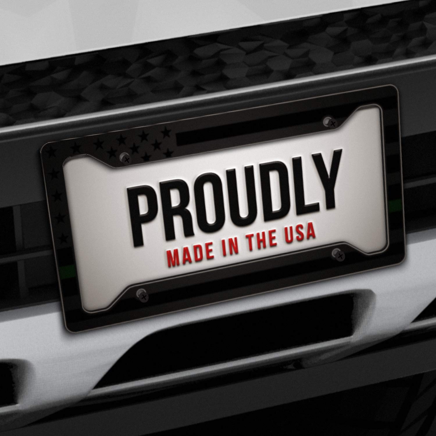 American Flag License Plate Frame - Thin Green Line- Car Tag Frame -Green On Black Military Border Patrol Park Rangers Game Ward