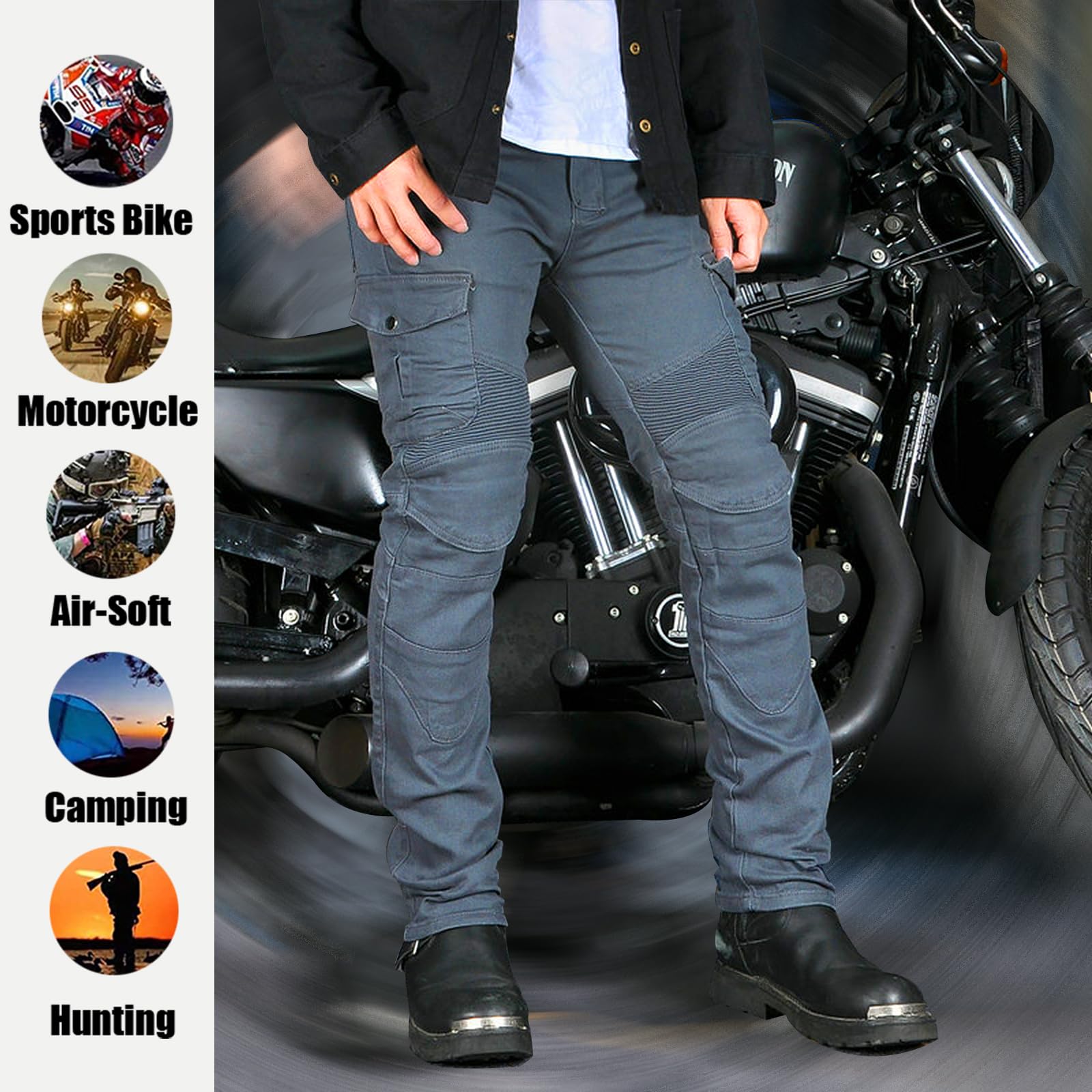 LOMENG Motorcycle Pants Motorbike Riding Denim Jeans Biker Motocross Pants with CE Removable Armored for Men Grey 3XL