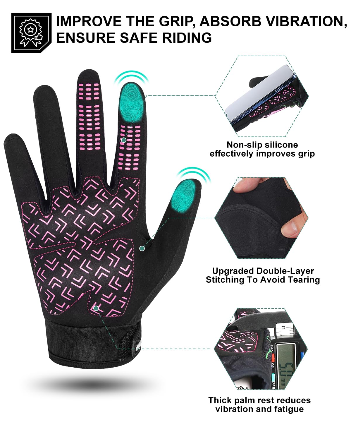 Rigwarl Motorcycle Gloves For Women - Touchscreen, Breathable Pink Skeleton Design, Non-Slip Full Finger Riding Gloves For Mount