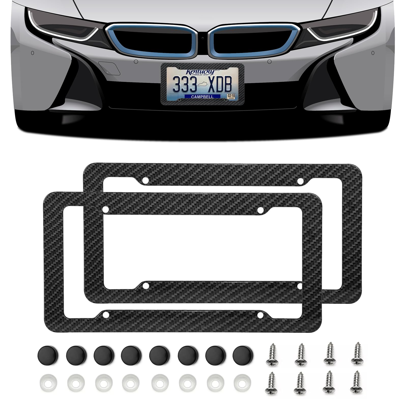 TOBENBONE Black Carbon Fiber License Plate Frames, License Plate Cover with Fasteners and Screws, License Plate Holder Tag Cover