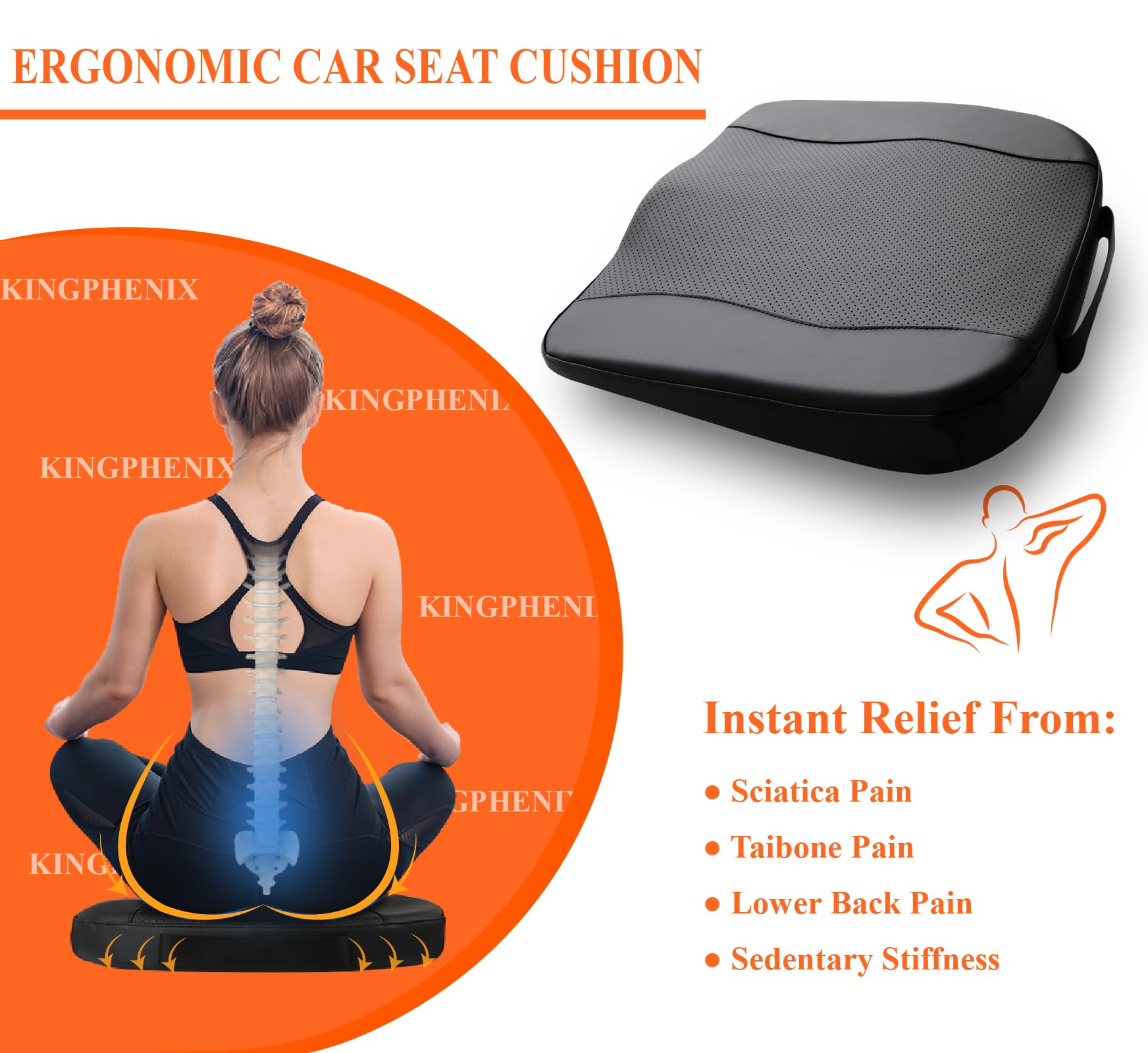 kingphenix Premium Memory Foam Car Seat Cushion, Classic Black, 18"x17"x2.5", Coccyx & Back Pain Relief for Car & Office