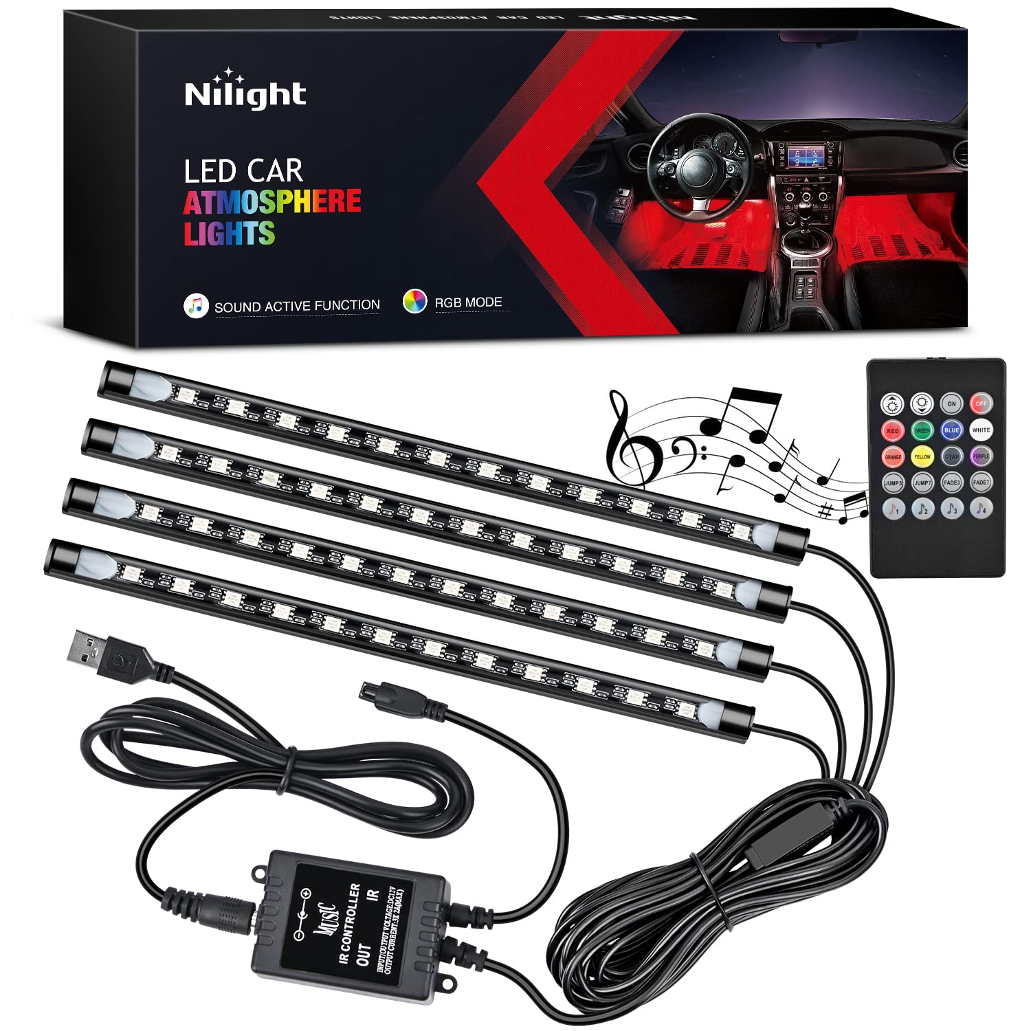 Nilight 48 Leds Dc 5V Multicolor Music Car Strip Light Under Dash Lighting Kit With Sound Active Function And Wireless Remote Co