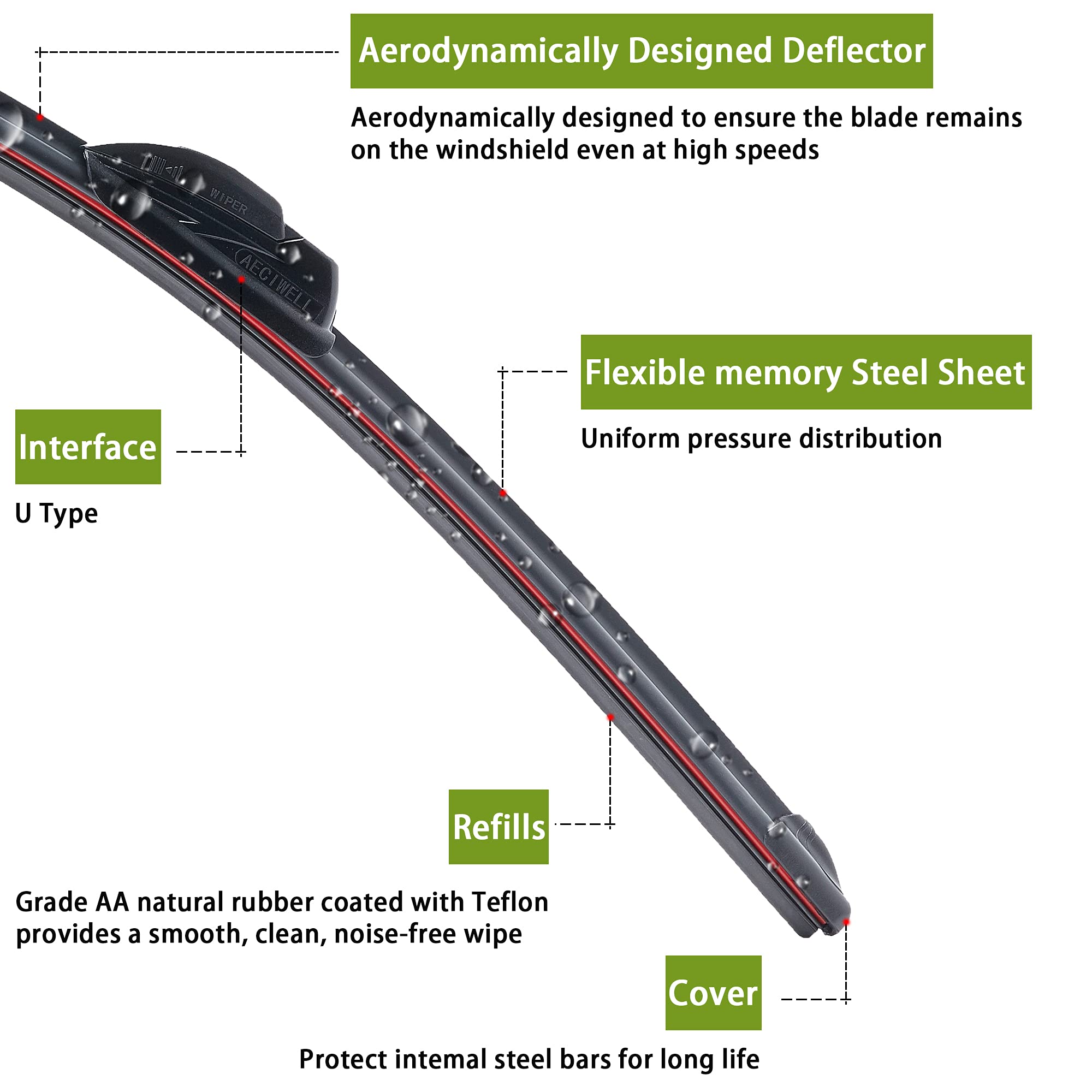 Aeciwell Windshield Wipers Oem Quality 24' + 18' Premium All-Season Wiper Blades Automotive Replacement Windshield Wiper Blades For U/J Hook (Set Of 2)…