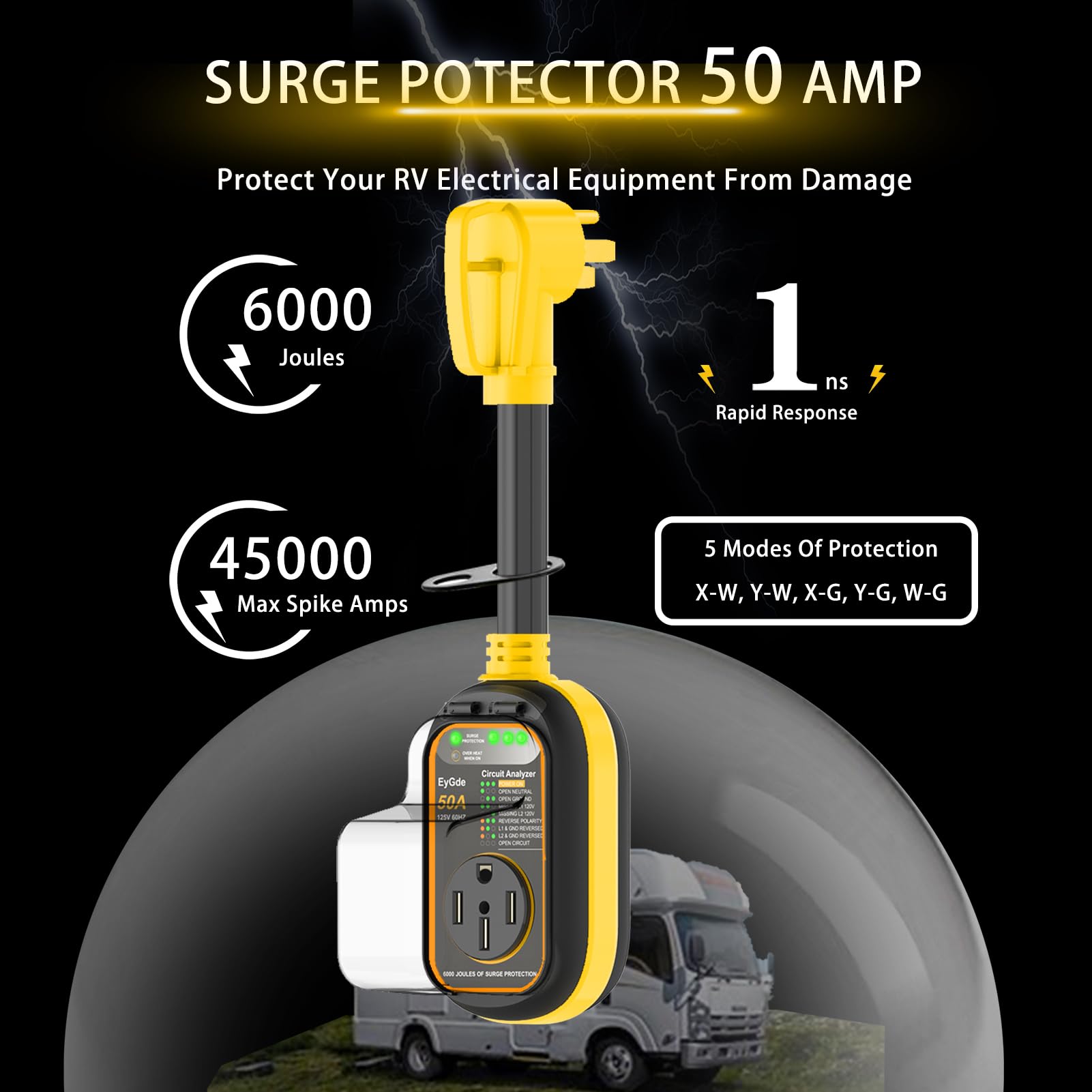 Eygde Rv Surge Protector 50 Amp Waterproof - 50A Rv Analyzer Voltage Protection Power Guard For Camper Travel Trailer, Yellow