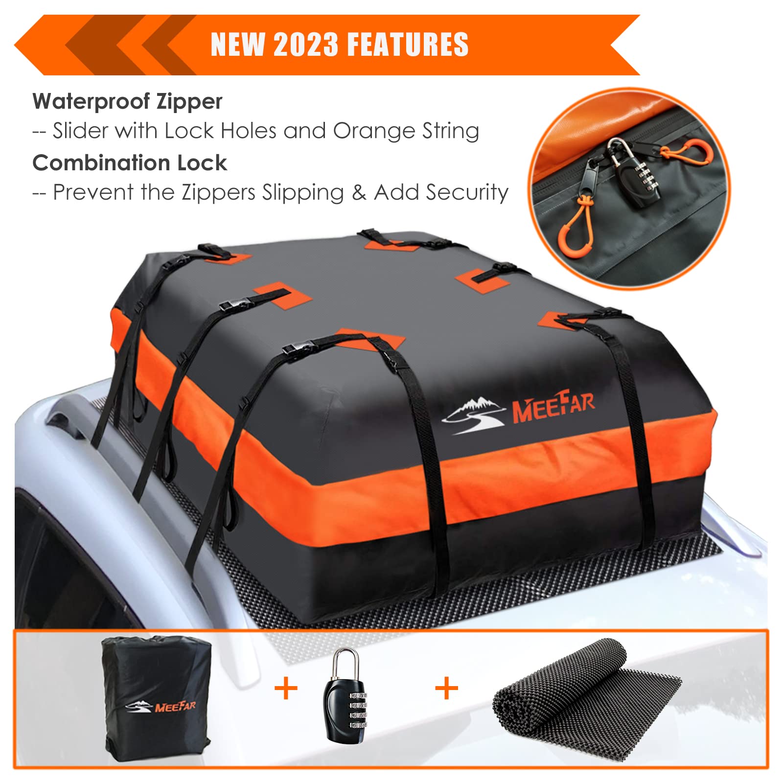 MeeFar Car Roof Bag - Waterproof Cargo Carrier, 20 Cubic Feet, Includes Anti-Slip Mat & 10 Straps, Fits All Cars with/Without Rack