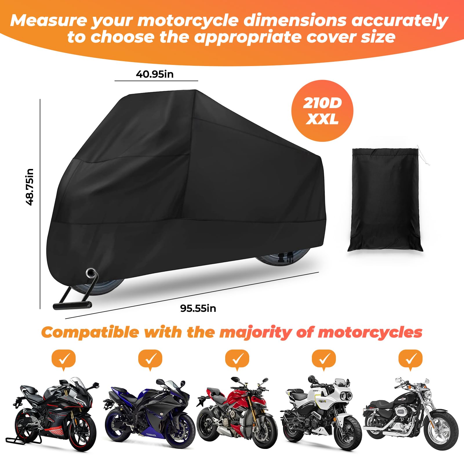 210D Heavy Duty Waterproof Motorcycle Cover, All Season Durable Sunproof Waterproof Scooter Cover with Windproof and Security Sy